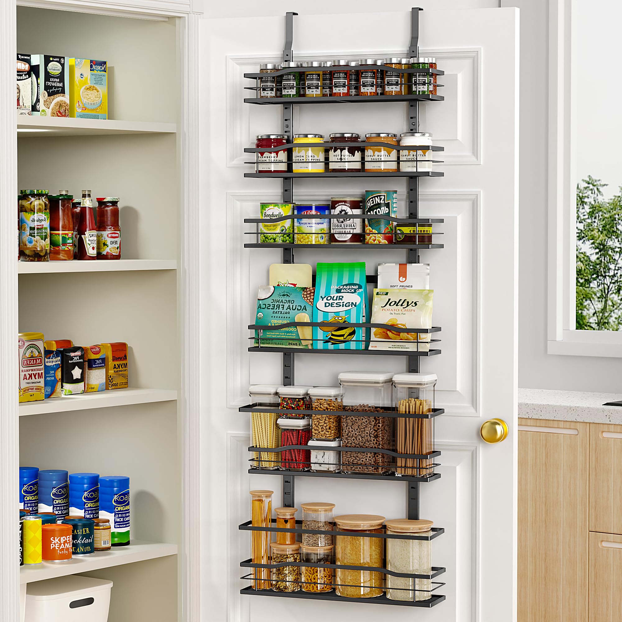 Moforoco 6-Tier Over The Door Pantry Organizer - Black Hanging Storage Rack for Spices, Kitchen, Bathroom & Laundry Room | Space-Saving Cabinet & Wall Shelves for Home Organization Essentials