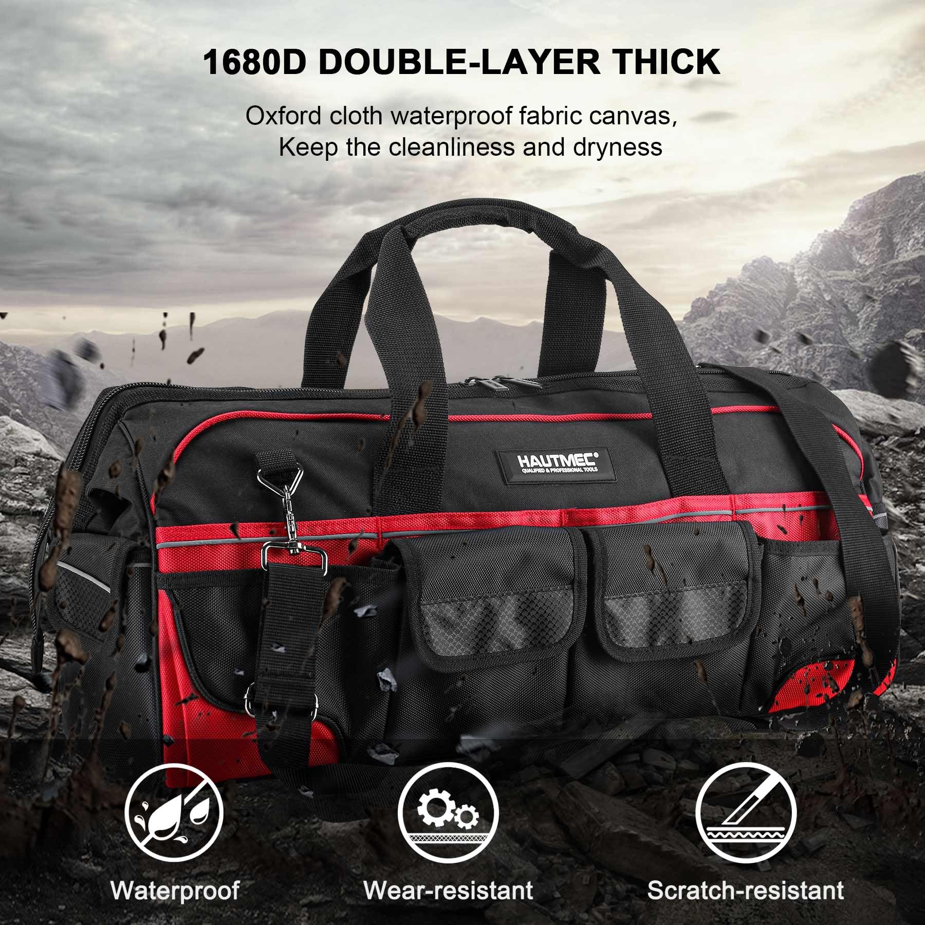 HAUTMEC 24 Inch Large Heavy Duty Tool Bag - 1680D Wide Mouth Tool Box Organizer with 36 Pockets, Level Holder & Removable Shoulder Strap - Portable Utility Bag for Men - Perfect for Construction, Plumbing, Electricians & DIY Projects (HT0284-TB)