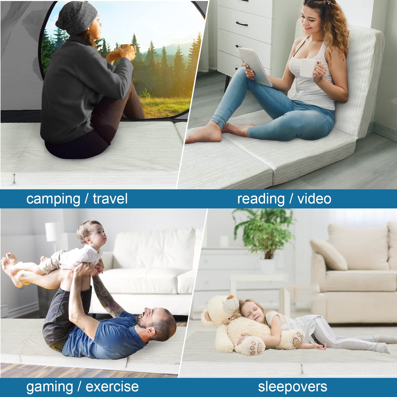4-Inch Foldable Trifold Mattress for Futon - Bamboo Viscose Cooling Topper Cover, Removable & Machine Washable - Portable Floor Sofa Bed for Camping, Guest Room & Dorm - Non-Slip Design