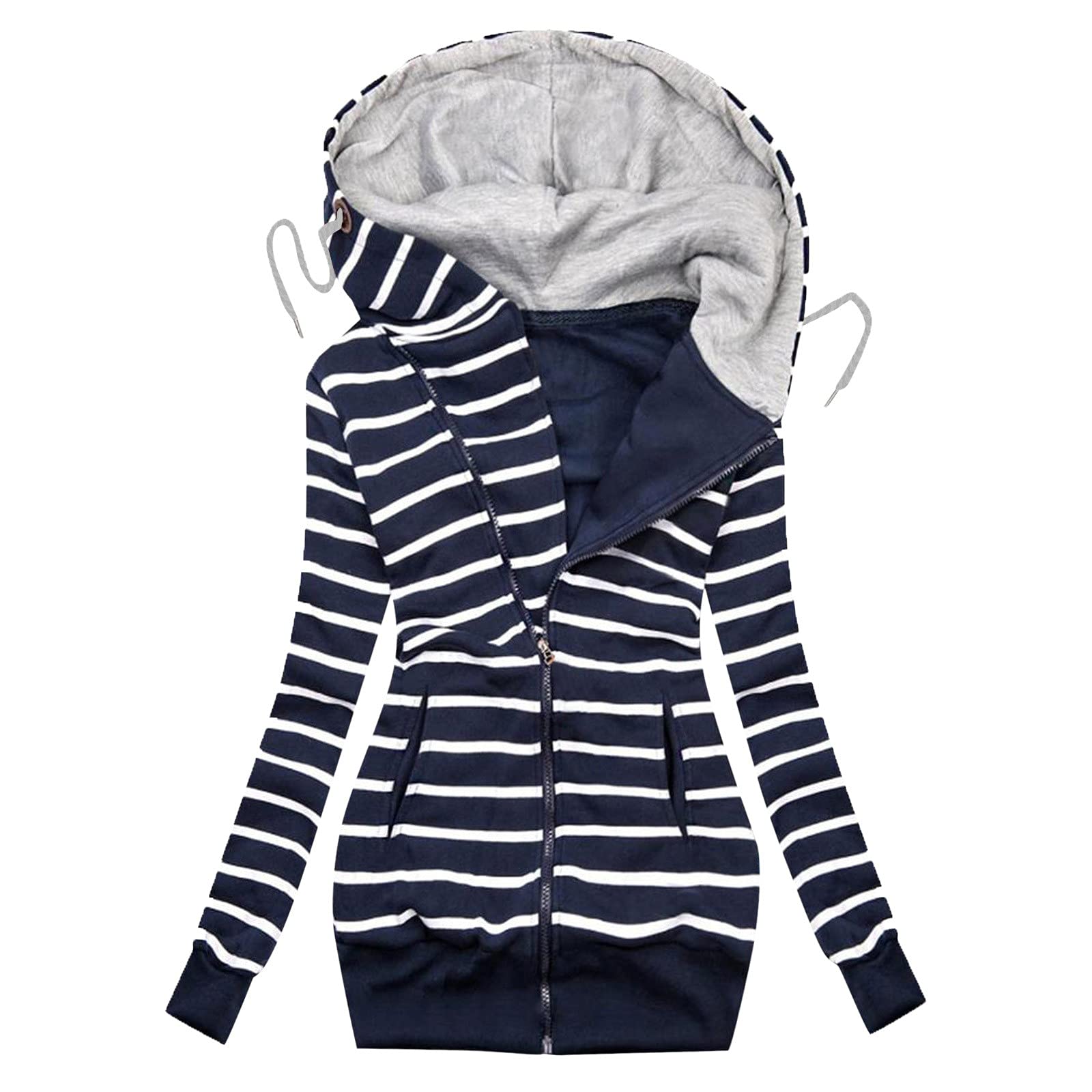 Women's Fashion Oversized Striped Hoodie with Zipper Pockets - Long Sleeve Loose Sweatshirt for Autumn Winter - Cozy Casual Wear for Street Style, Lounge & Outdoor Activities