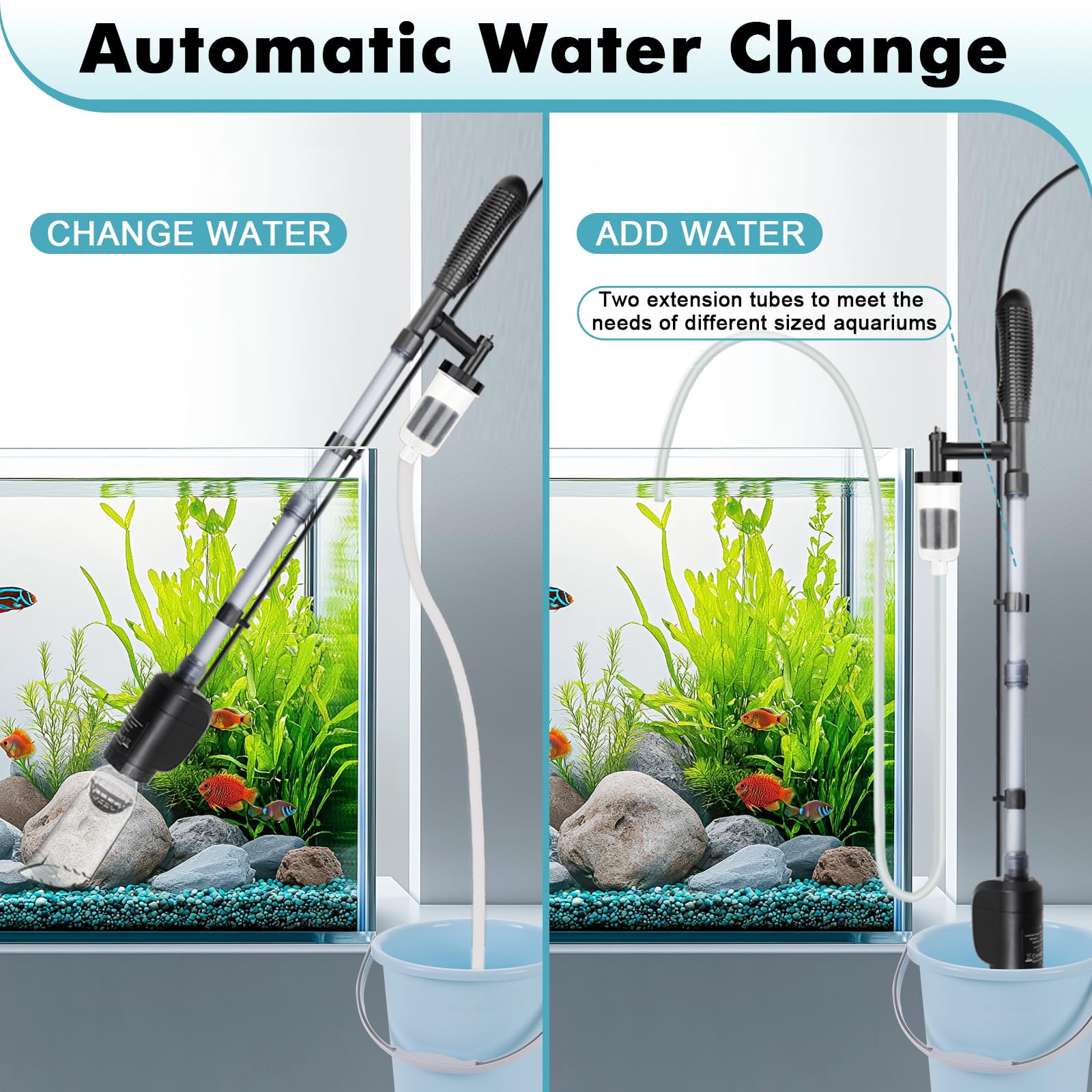 AQQA 6-in-1 Electric Aquarium Gravel Cleaner & Water Changer - 20W 320GPH Multi-Functional Fish Tank Cleaner for Freshwater & Turtle Tanks - Ideal for Water Cleaning, Circulation & Maintenance