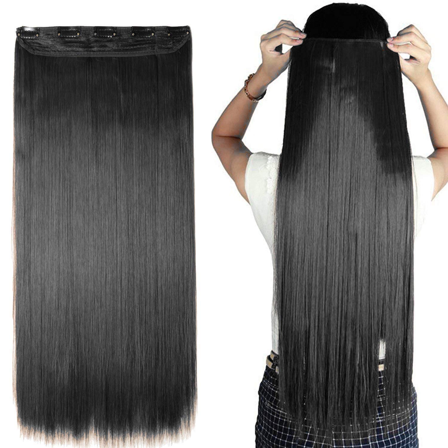 AIRGEAR 5CLIP Long Straight Synthetic Hair Extensions & Wigs for Women - Smooth Silky Brown Hair Extensions for Daily Wear, Parties & Cosplay