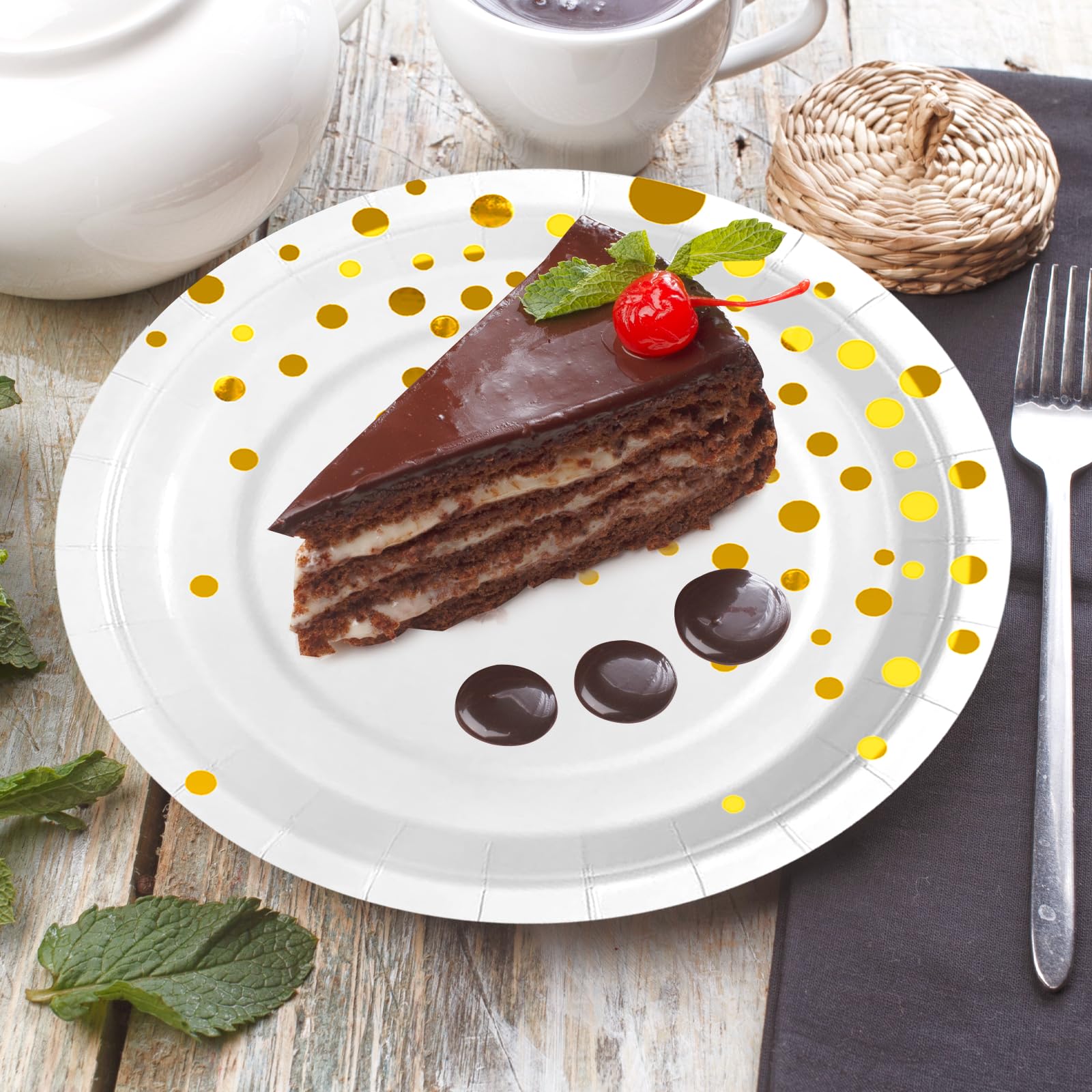 Elegant White and Gold 7-Inch Disposable Dessert Plates (50-Pack) - Gold Dot Party Plates for Birthday, Wedding, Engagement, Anniversary Celebrations - Perfect for Cake Serving, Dessert Tables, and Elegant Party Decorations