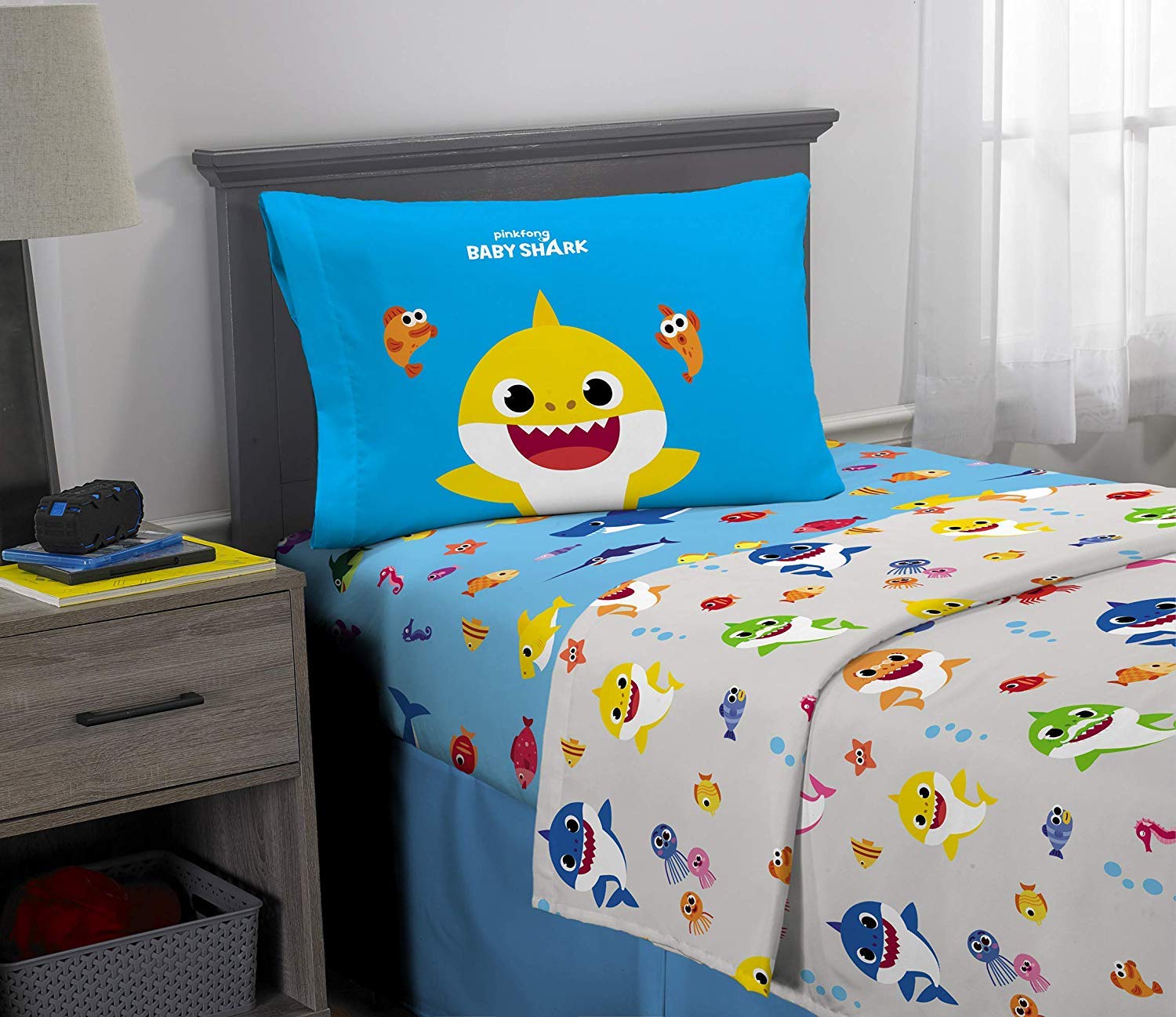 Baby Shark Themed Reversible Comforter Set - Full Size Bedding with Matching Sheets & Throw Blanket | Soft Kids' Bedroom Decor for Boys & Girls | Perfect for Nursery, Toddler Room or Birthday Gift
