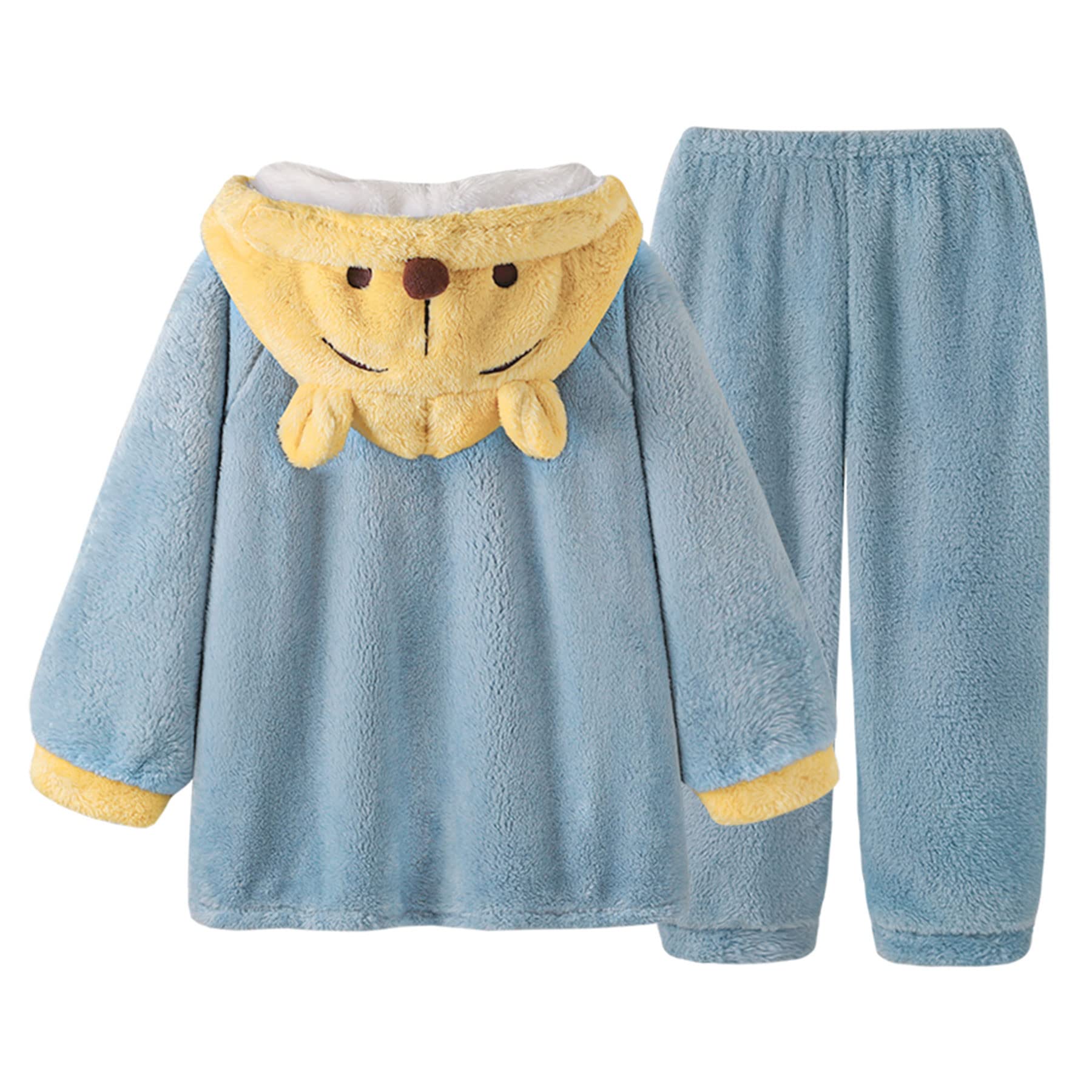 Women's Cute Bear Print Hooded Pajama Set - Warm Flannel Long Sleeve Top & Pants Loungewear for Winter Nights, Sleepwear & Cozy Home Outfits