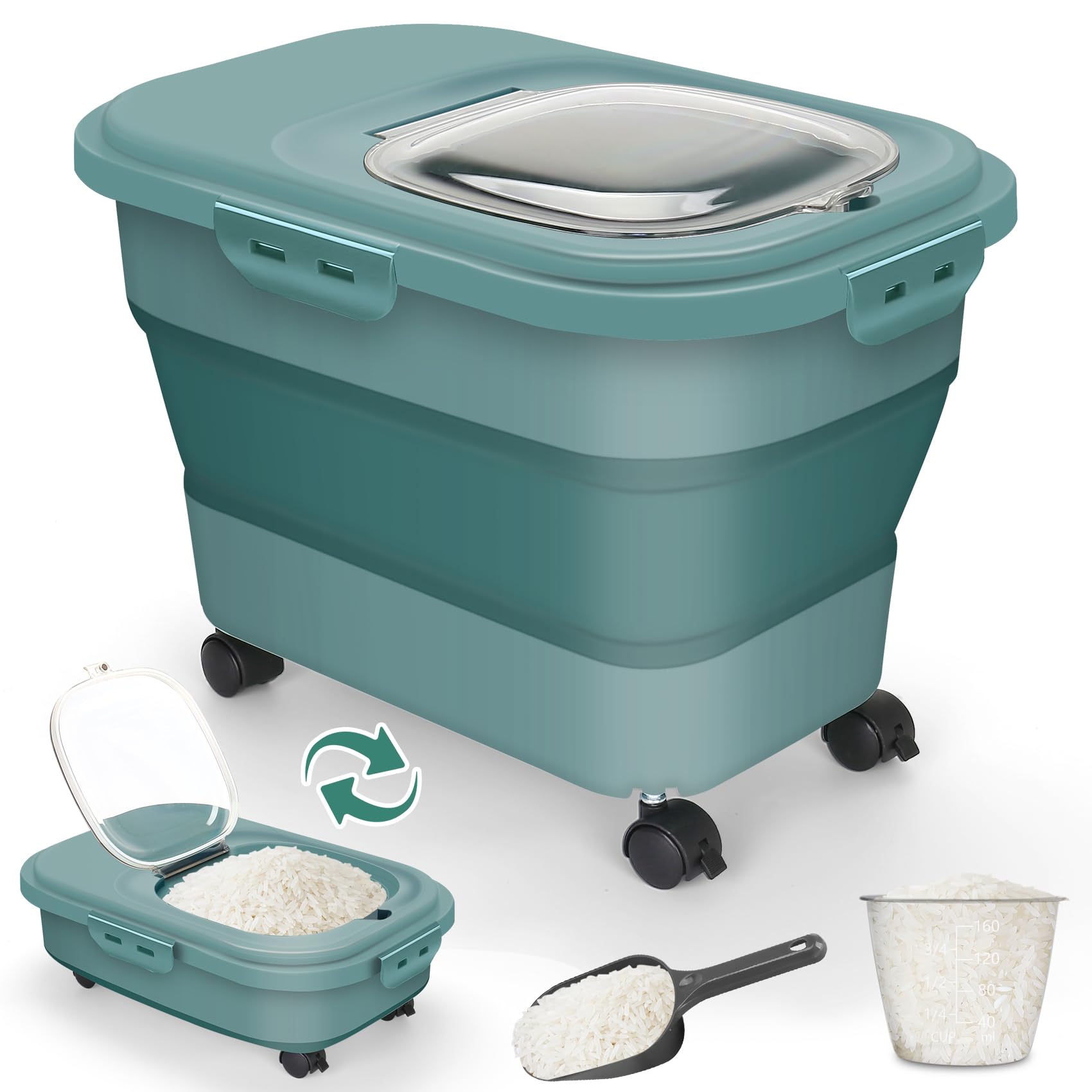 20LBS Airtight Rice & Flour Storage Container with Wheels - Large Pet Food Bin for Dog, Cat, Kibble - Includes Scoop & Measuring Cup - Collapsible Kitchen Organizer for Cereal, Grains & Dry Food - Perfect for Pantry, Kitchen & Pet Food Storage