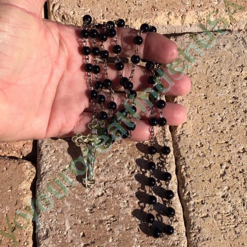 Vintage Sterling Silver Black Glass Bead Rosary Necklace - Catholic Prayer Beads for Religious Devotion & Spiritual Gifts