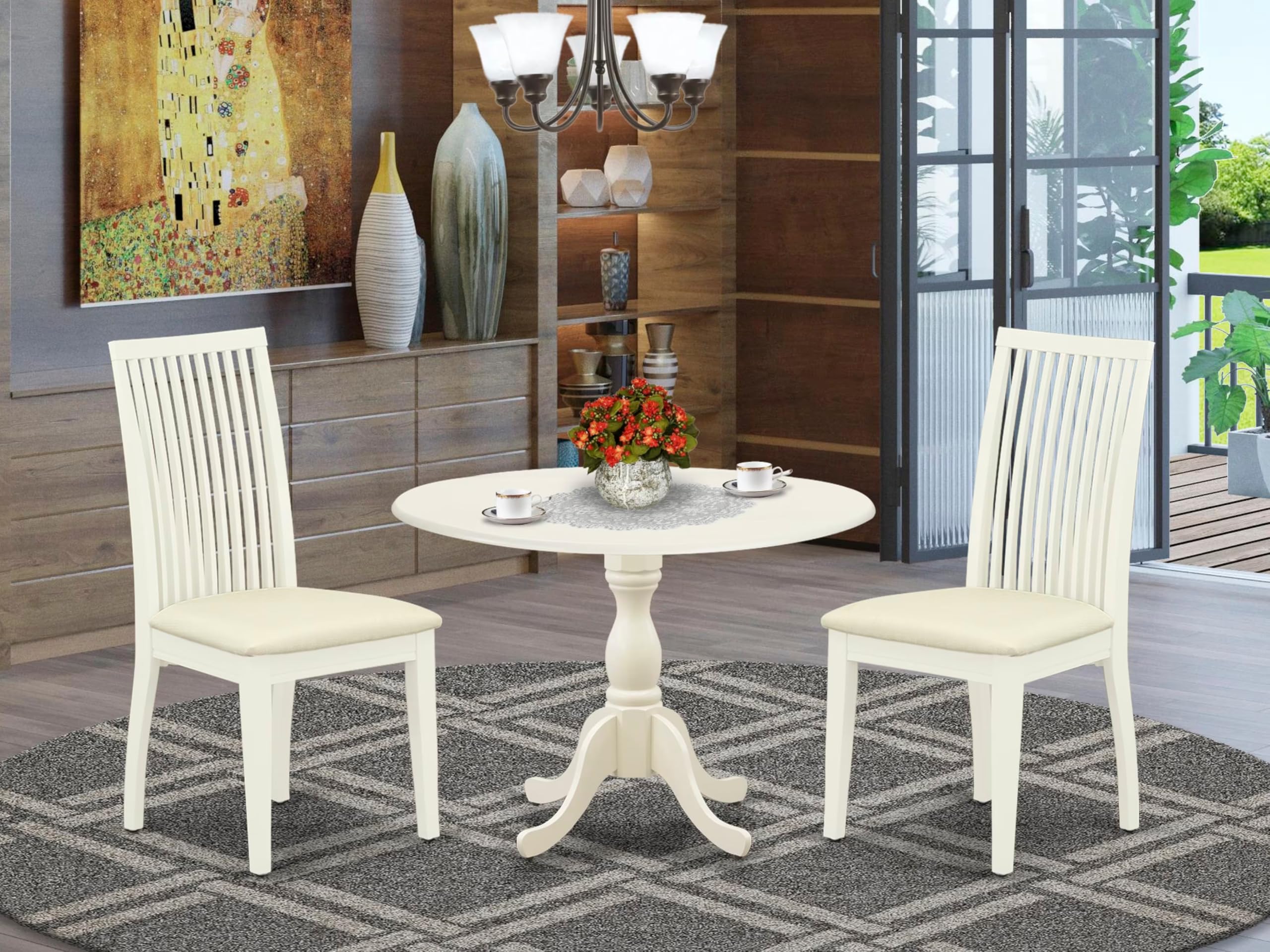 East West Furniture DMIP3-LWH-C 3-Piece White Linen Dining Set with Round Drop-Leaf Table (42x42 Inch) & 2 Upholstered Chairs - Perfect for Small Kitchens, Breakfast Nooks & Cozy Apartments