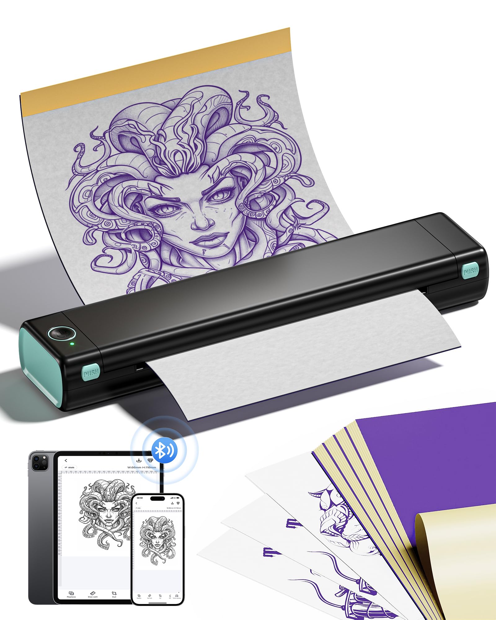 Itari M08F Wireless Tattoo Stencil Printer - Bluetooth Thermal Transfer Machine for Tattoo Artists with 10pcs Transfer Paper, Smartphone & PC Compatible - Perfect for Tattoo Shops, Home Studios & Professional Tattooing (Black)