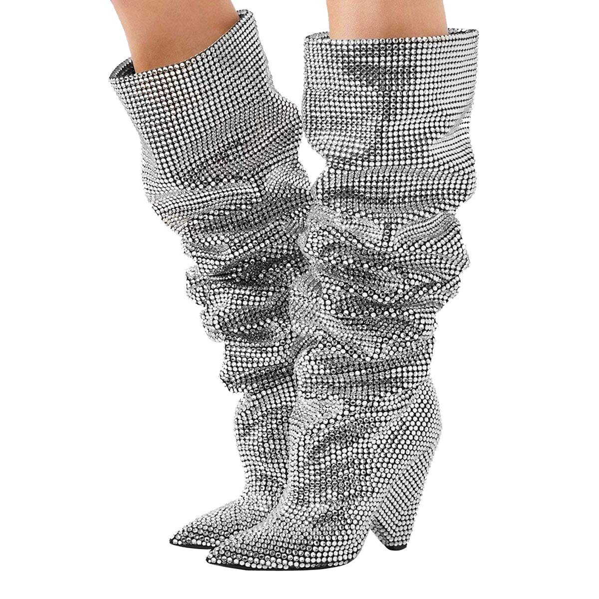 Stylish Women's Rhinestone Embellished Pointed Toe Over The Knee Boots - Fashionable High Heel Dress Boots for Party, Night Out & Special Occasions