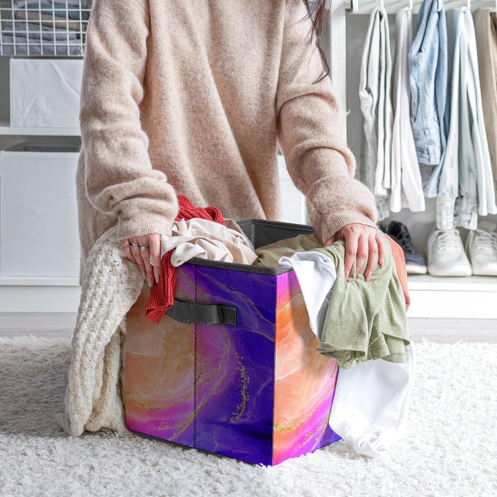 Abstract Marble Pink Purple Foldable Storage Bins 6-Pack | Collapsible Cube Baskets with Handles (10.6 Inch) for Nursery, Closet, Shelves | Organize Clothes, Books & Toys | Space-Saving Home & Office Storage Solution