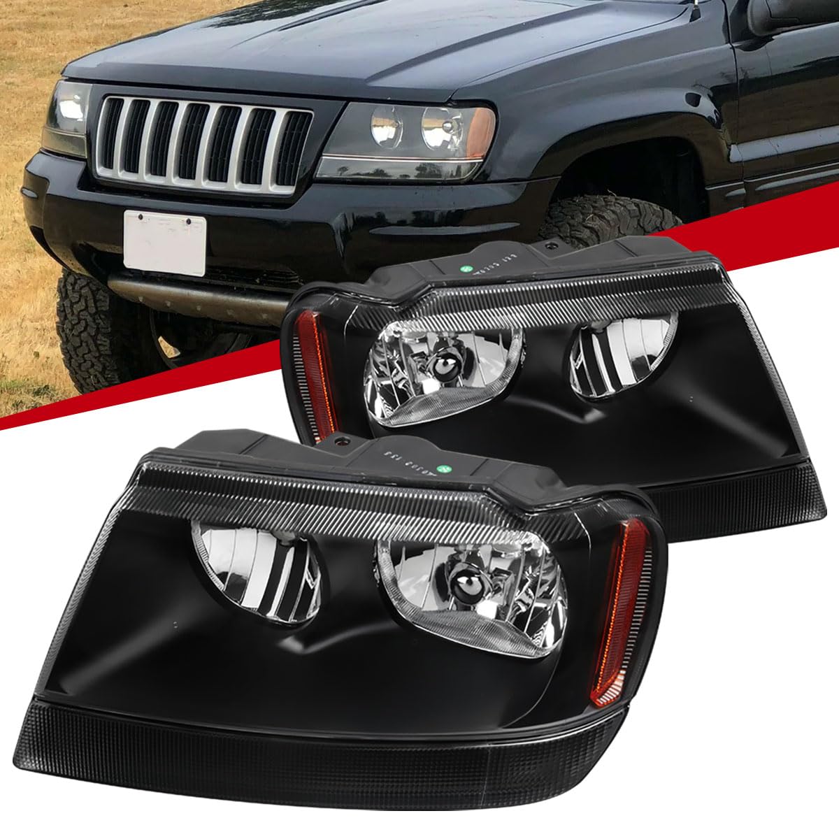 Jeep Grand Cherokee Headlights (1999-2004) - Black Replacement Headlamp Assembly Pair (Left + Right) for Improved Night Visibility & Off-Road Driving