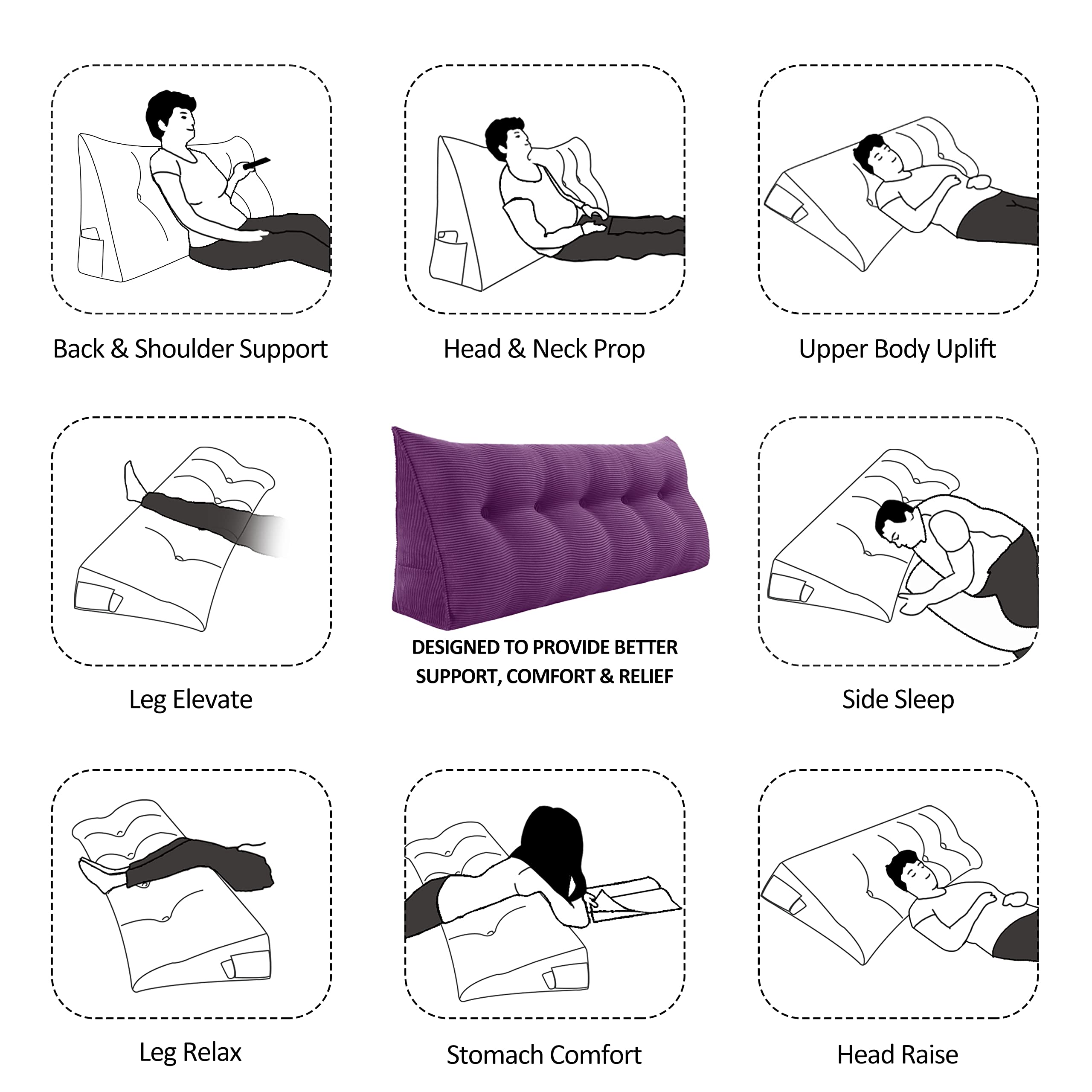 Wedge Pillow for Sitting in Bed - Orthopedic Reading Pillow with Back Support, Headboard & Body Positioning Cushion - Perfect for Adults, Daybeds & Sofas (Purple, Full Size) - Ideal for Reading, Watching TV & Post-Surgery Comfort