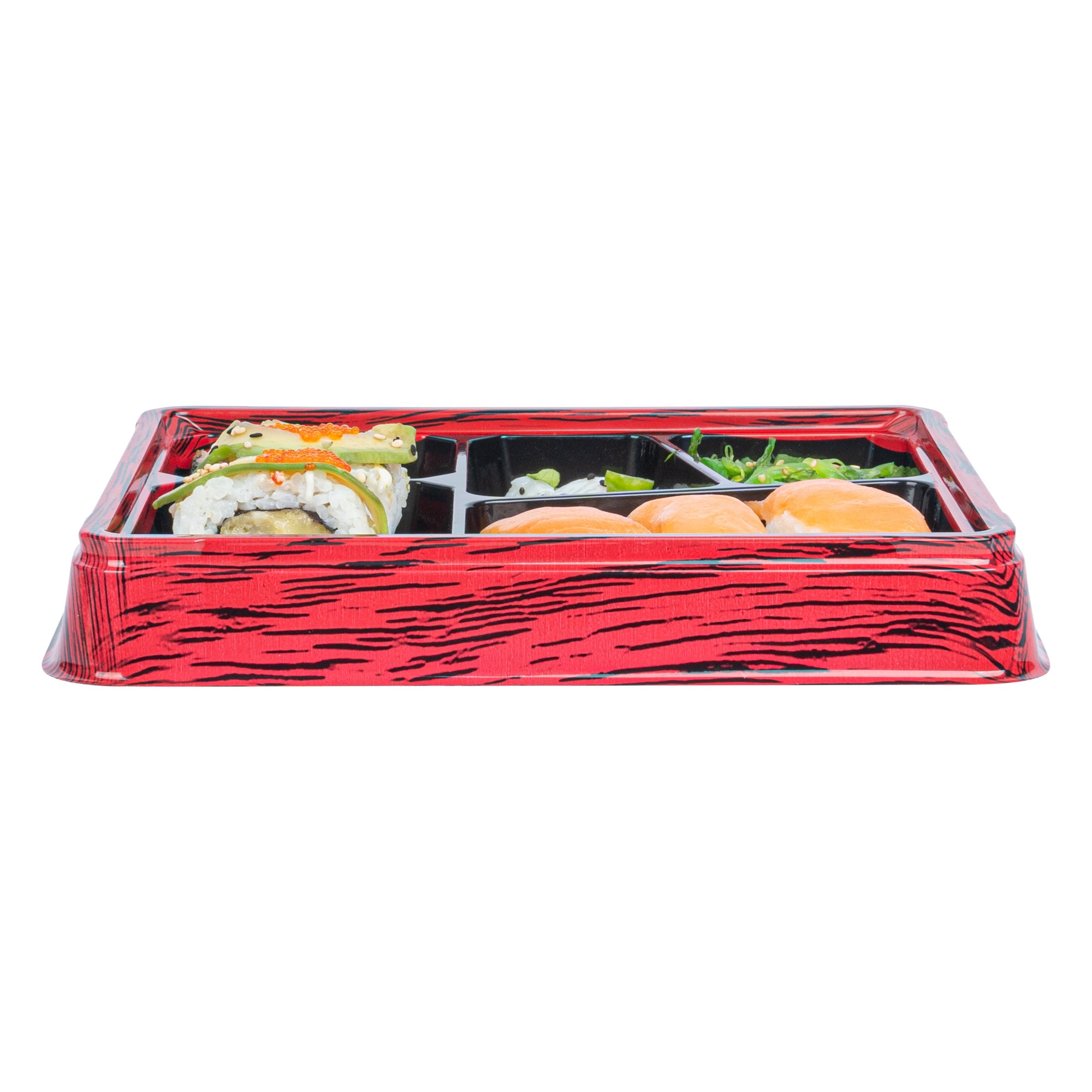 Bento Tek 18 oz Rectangle Red and Black Plastic Bento Box with 5 Compartments - 9.25