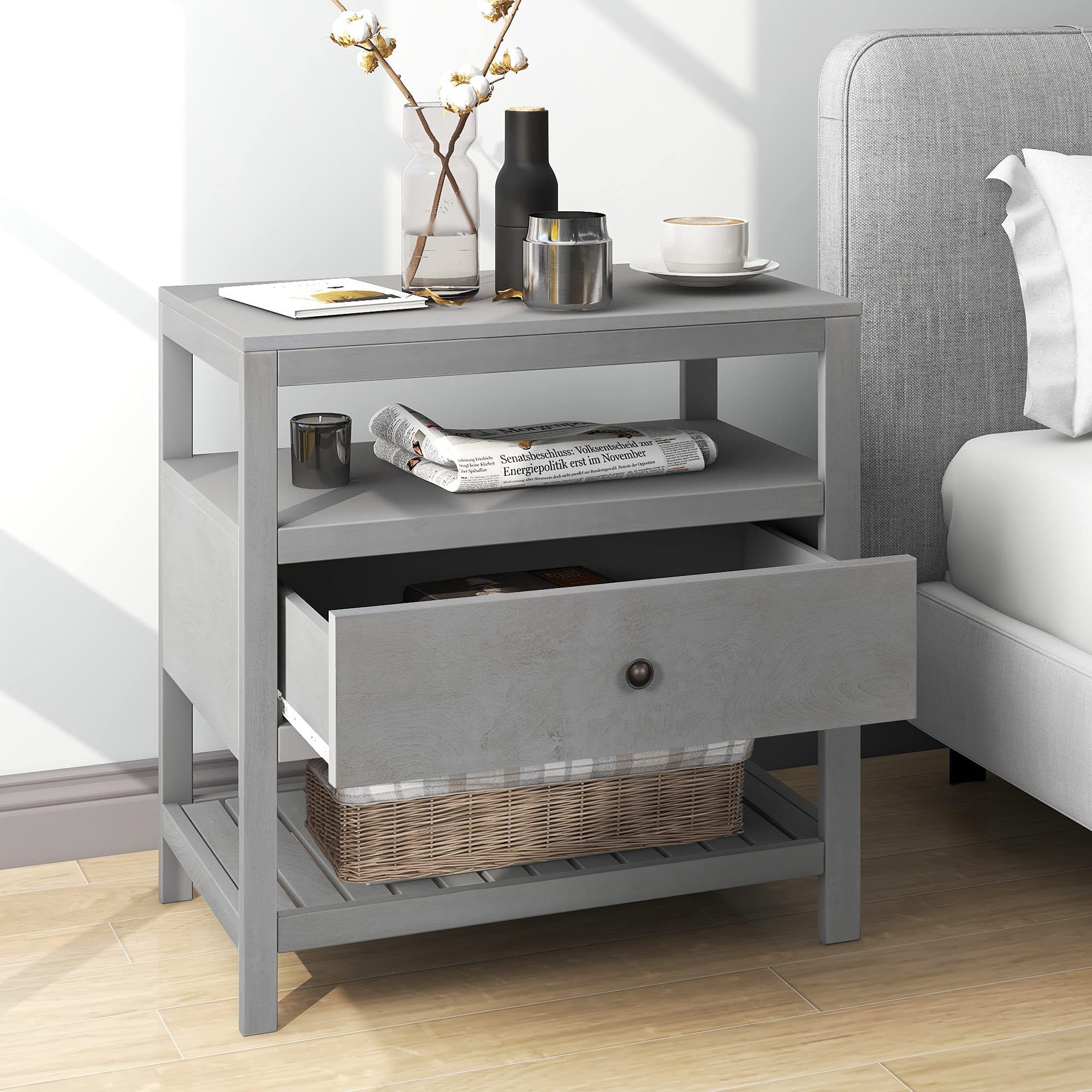 Mid Century Modern Wood Nightstand with Drawer and Shelf - Grey Bedside Table for Bedroom, Living Room & Office Storage | Compact End Table with Ample Storage Space