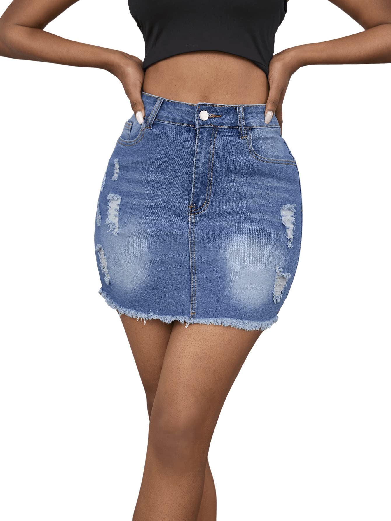 SweatyRocks Women's High Waist Ripped Denim Skirt - Raw Hem Mini Jean Skirt for Casual Outfits | Perfect for Summer, Street Style & Date Night Looks