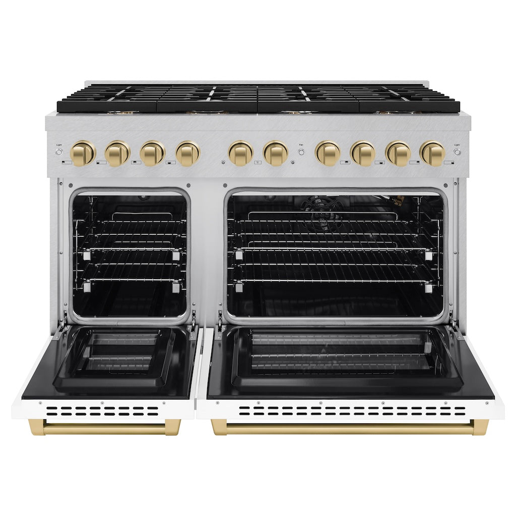 ZLINE Autograph Edition 48-Inch 6.7 cu. ft. Double Oven Gas Range with 8-Burner Cooktop - Satin Stainless Steel, White Matte Doors & Champagne Bronze Accents (SGRSZ WM 48 CB) - Perfect for Large Kitchens & Gourmet Cooking