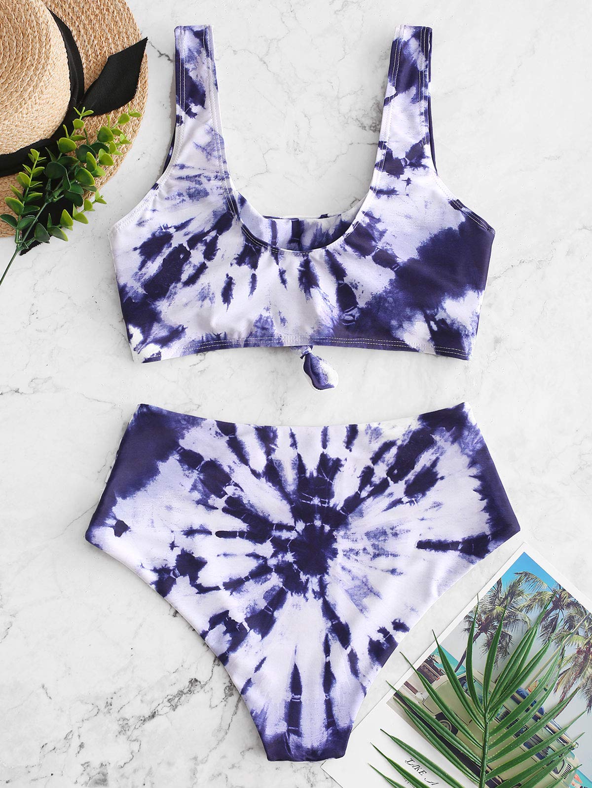 ZAFUL Women's Knot Scoop Neck Bikini Set - Ruched High Waisted Two Piece Swimsuits & Tankini for Beach, Pool Party and Summer Vacation