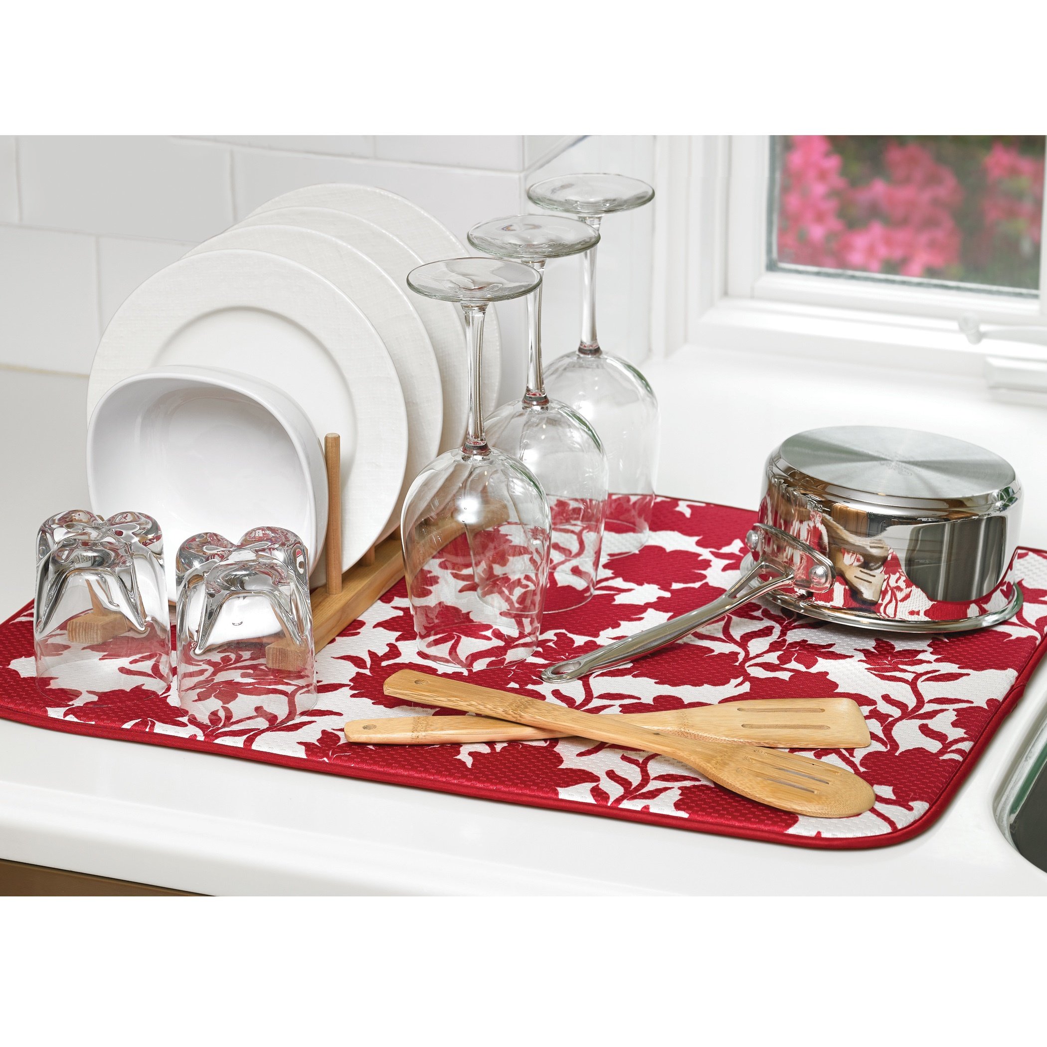 The Original Red Floral Dish Drying Mat - Absorbent Kitchen Counter Drying Rack for Plates, Cups & Utensils - Perfect for Kitchen, RV & Small Spaces