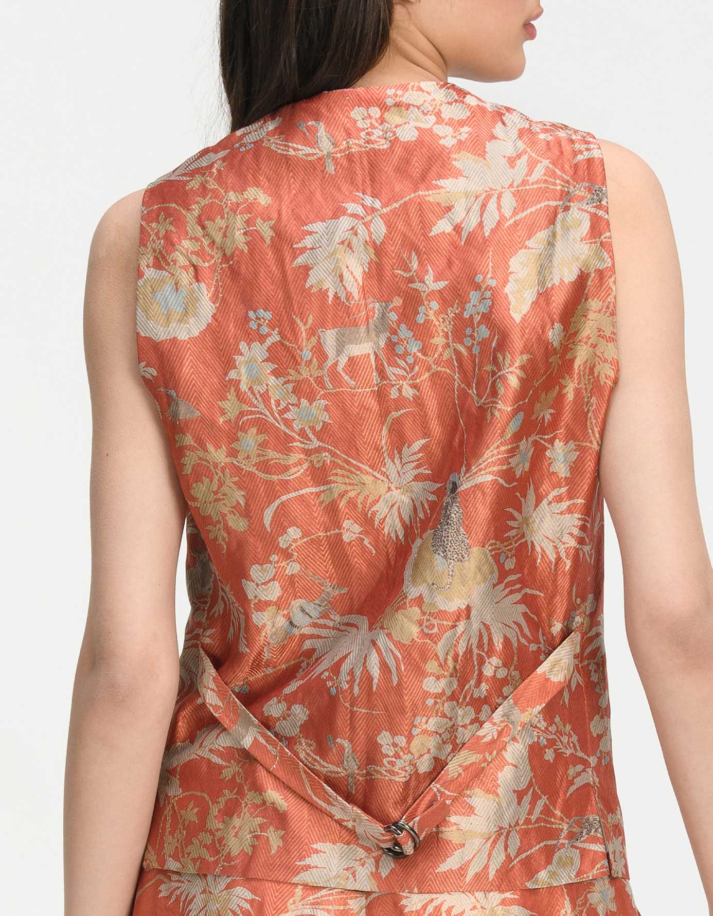 Elegant Silk Brocade Vest Coat with Coral Design - Perfect for Weddings, Parties & Special Occasions