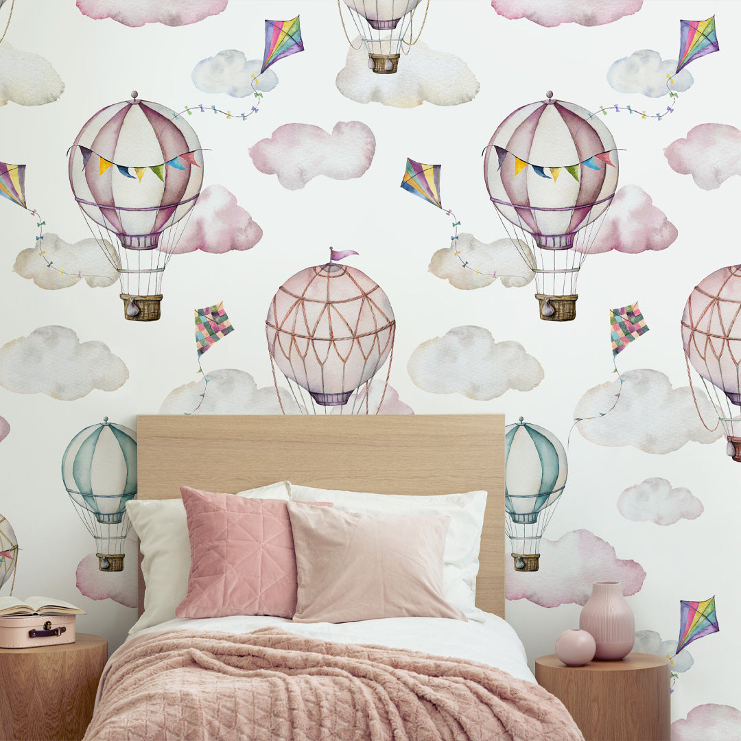 Pink Air Balloons & Clouds Wallpaper W072 - Self-Adhesive Removable Wallpaper for Bedroom, Nursery, Living Room Decor - Perfect for DIY Home Renovation & Party Backdrop