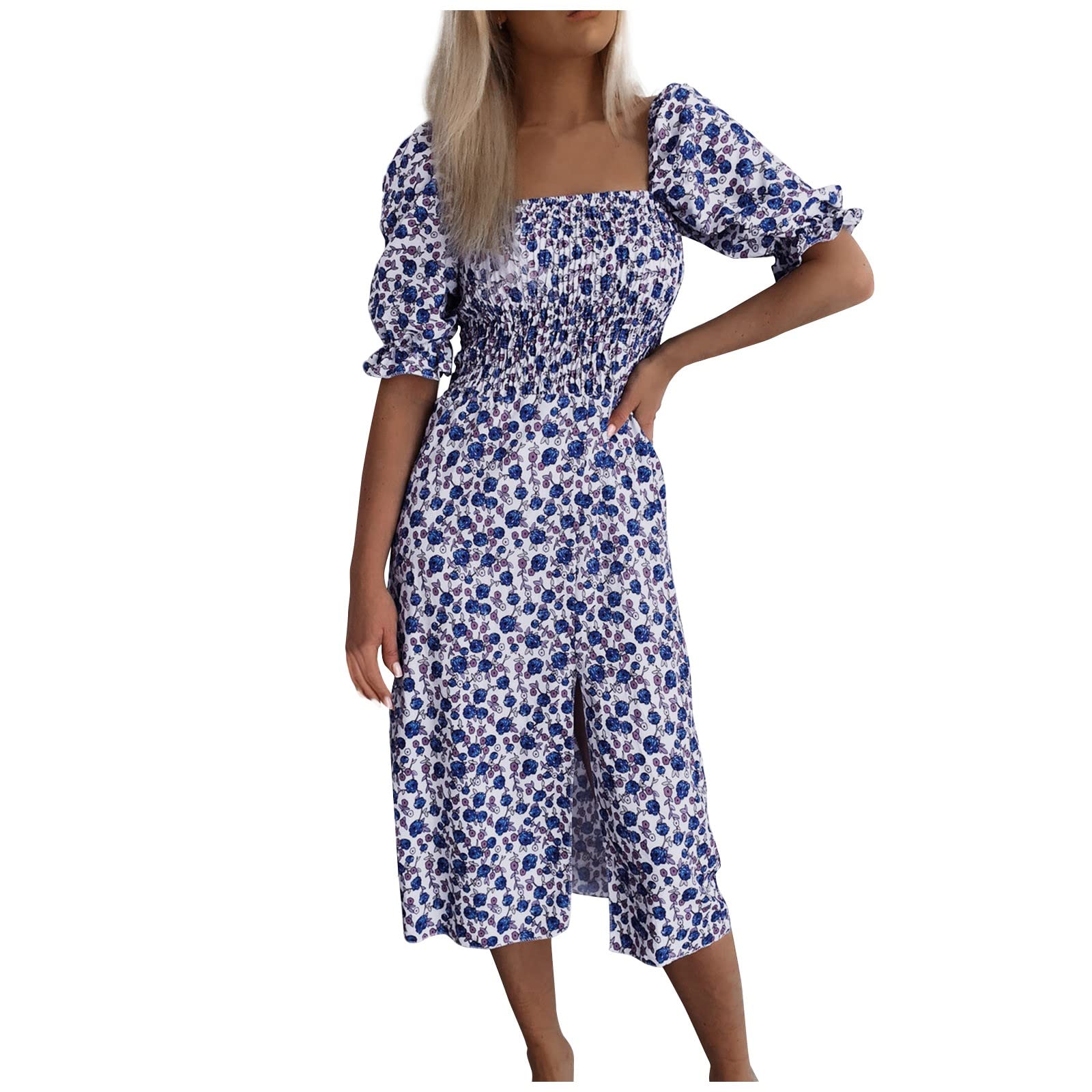 Women's Summer Casual Cocktail Dress - Short Sleeve Square Neck Floral Print Patchwork Party Dress | Perfect for Garden Parties, Date Nights & Summer Weddings