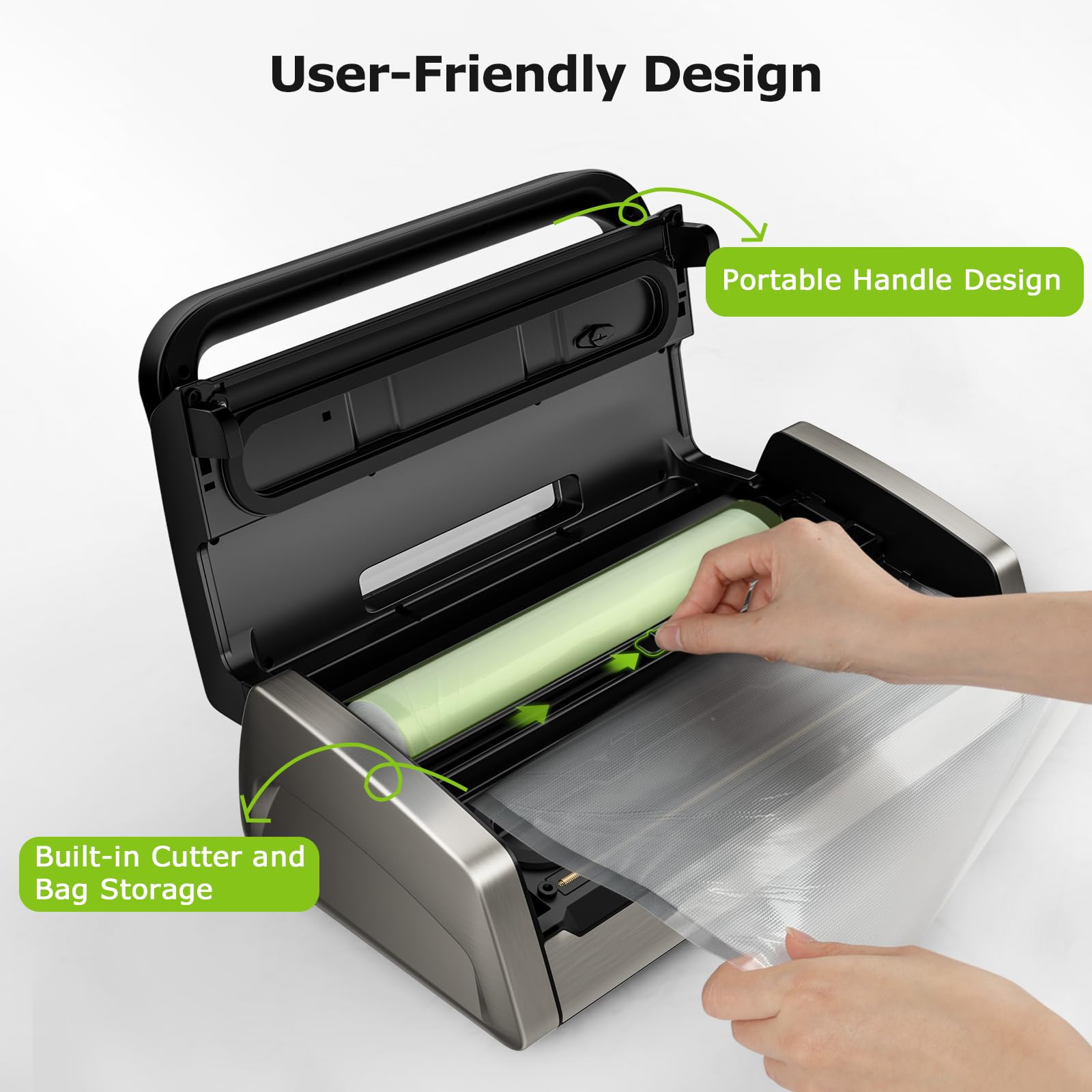 Bonsenkitchen Powerful & Quiet Vacuum Sealer Machine - High-Speed Continuous Food Sealer with Handle Lock & Built-in Cutter - Includes 2 Bag Rolls + 100 Vacuum Bags - Perfect for Meal Prep, Sous Vide, Food Storage & Freezing