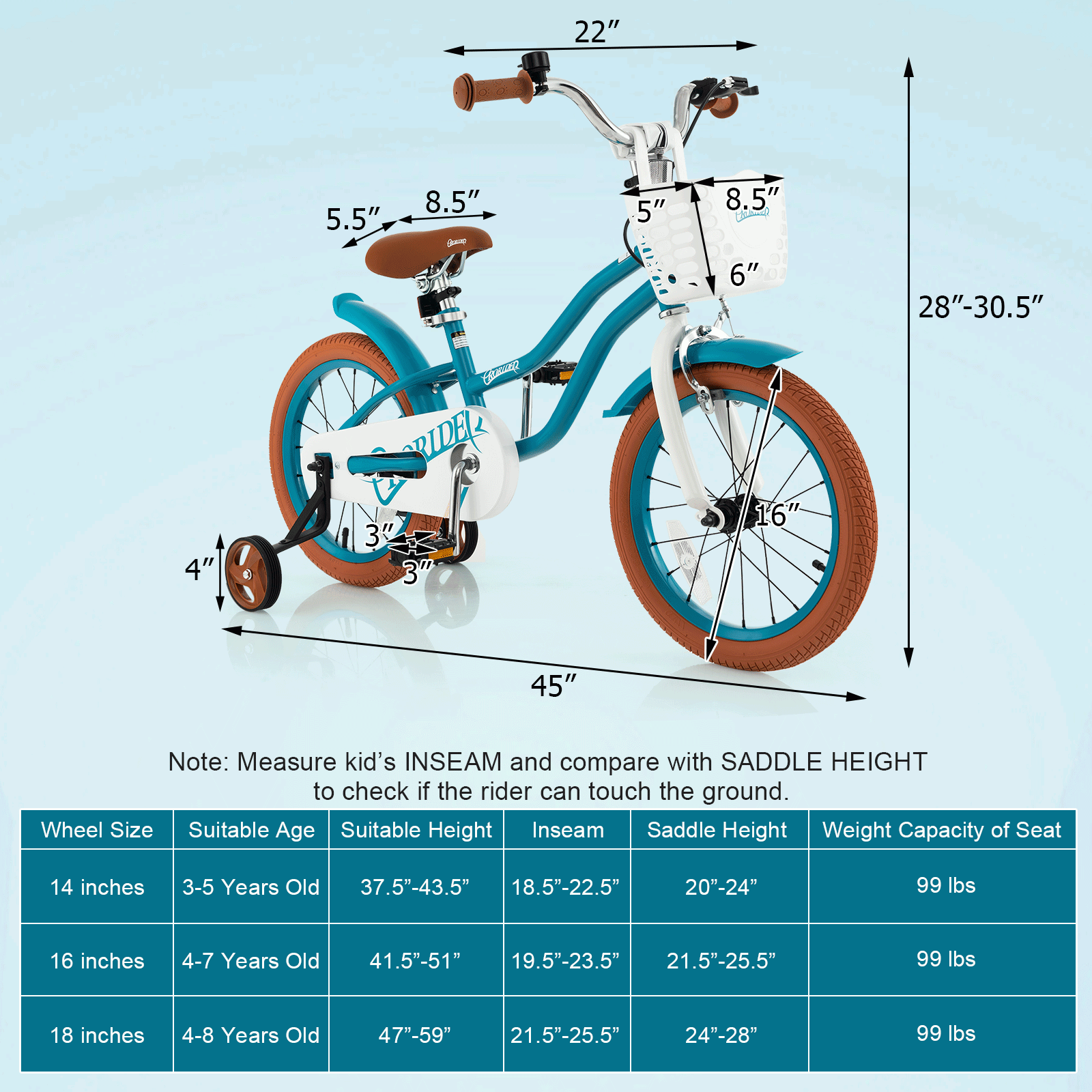 16 Inch Kids Bike with Front Handbrake & Training Wheels | Turquoise Bicycle for Boys & Girls | Perfect for Neighborhood Rides & Learning to Cycle