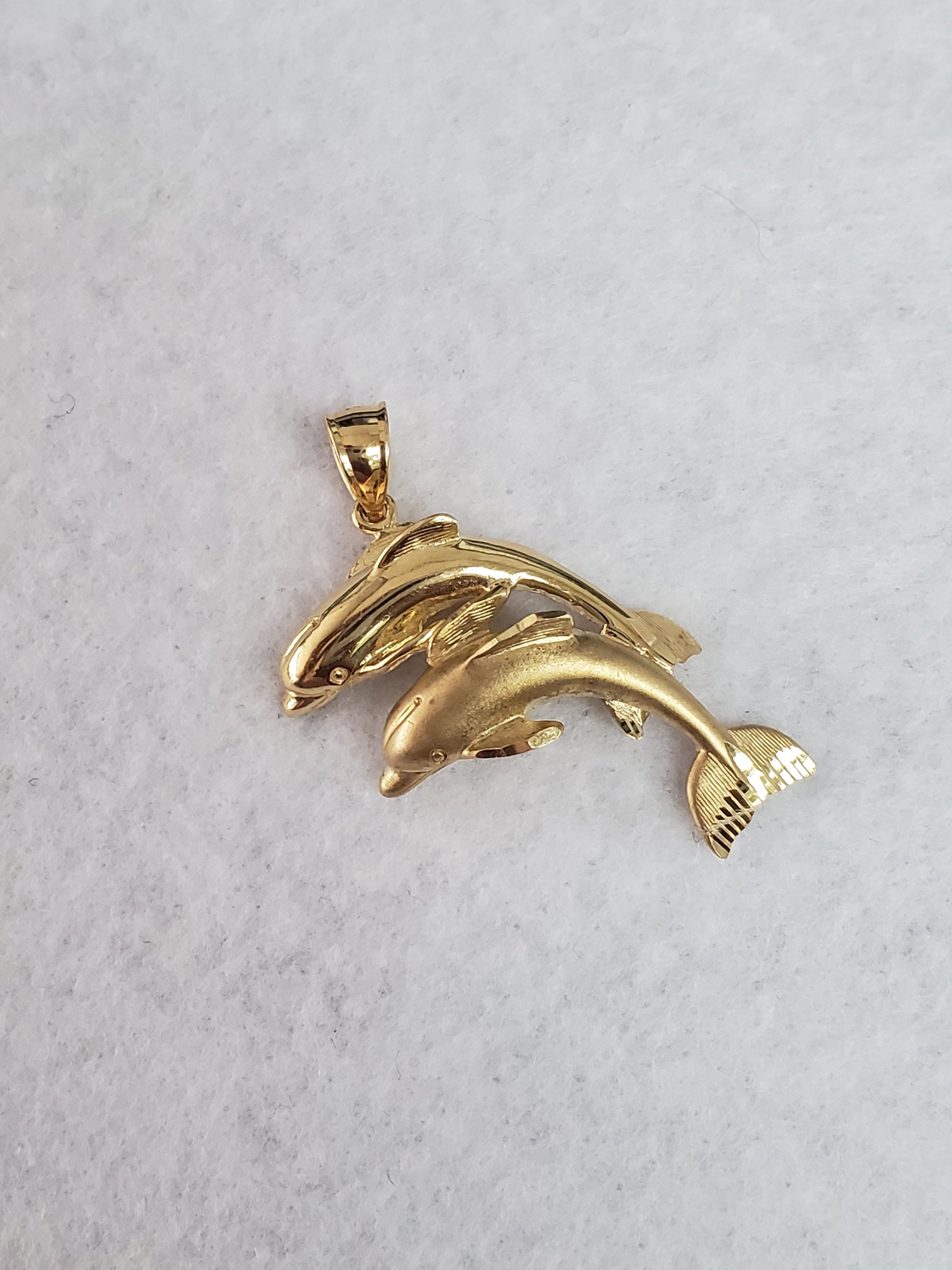 14k Yellow Gold Swimming Dolphins Charm Pendant - Elegant Jewelry Gift for Women, Perfect for Necklaces, Bracelets & Special Occasions