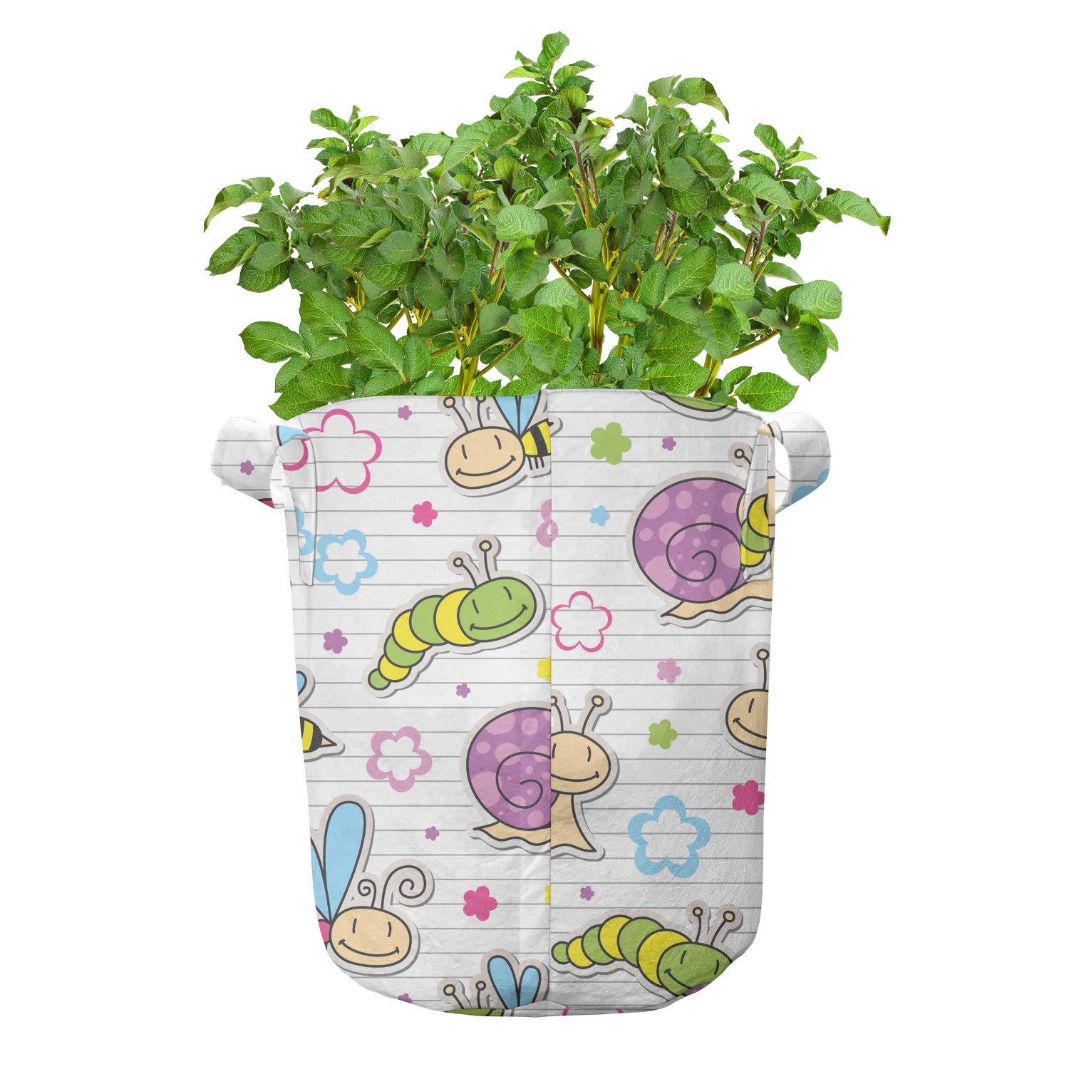 Ambesonne 5-Pack Heavy Duty Fabric Grow Bags with Handles - Cartoon Caterpillar Bees Flowers Design for Plants, Vegetables & Herbs | Indoor/Outdoor Gardening, Balcony Decor, Urban Farming