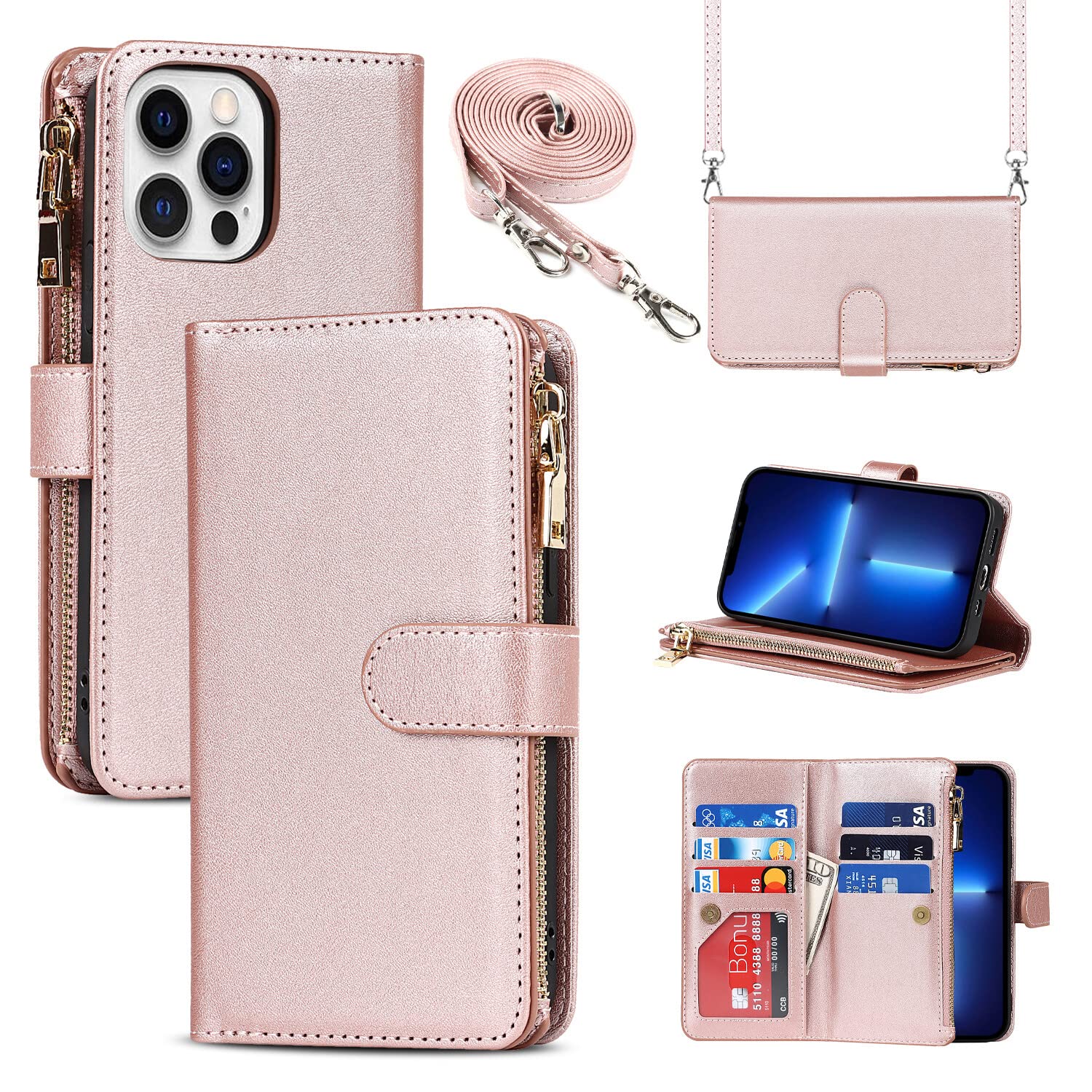 Premium Leather Wallet Case for iPhone 13 Pro - Magnetic Card Holder with Crossbody Strap & Stand Function | Rose Gold Protective Cover for Women & Men | Perfect for Travel, Shopping & Daily Use