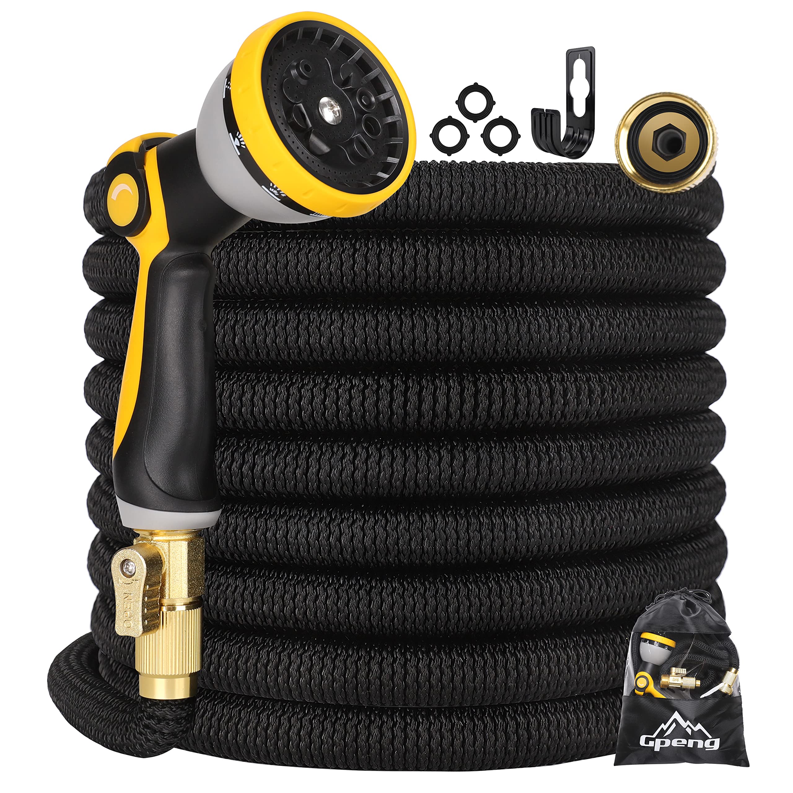 Gpeng 25ft Expandable Garden Hose with 10-Function Nozzle - Heavy Duty Flexible Water Hose for Outdoor Use, 3/4 Inch Solid Brass Fittings & Double Latex Core - Perfect for Lawn Care, Car Washing, and Backyard Watering