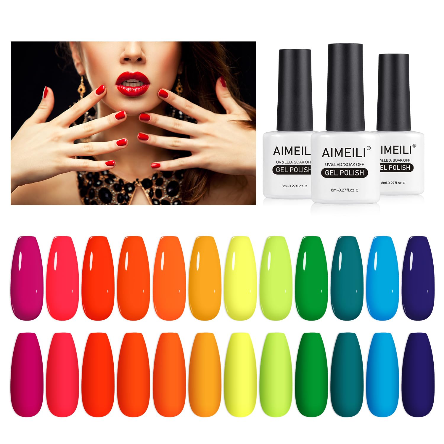 AIMEILI Neon Gel Nail Polish Set - 12 Vibrant Colors (8ml Each) | UV LED Soak Off Nail Art Polish Kit | Spring Summer Nails in Pink, Red, Orange, Green, Blue, Purple | Perfect for DIY Manicures, Salon Use & Gift Giving
