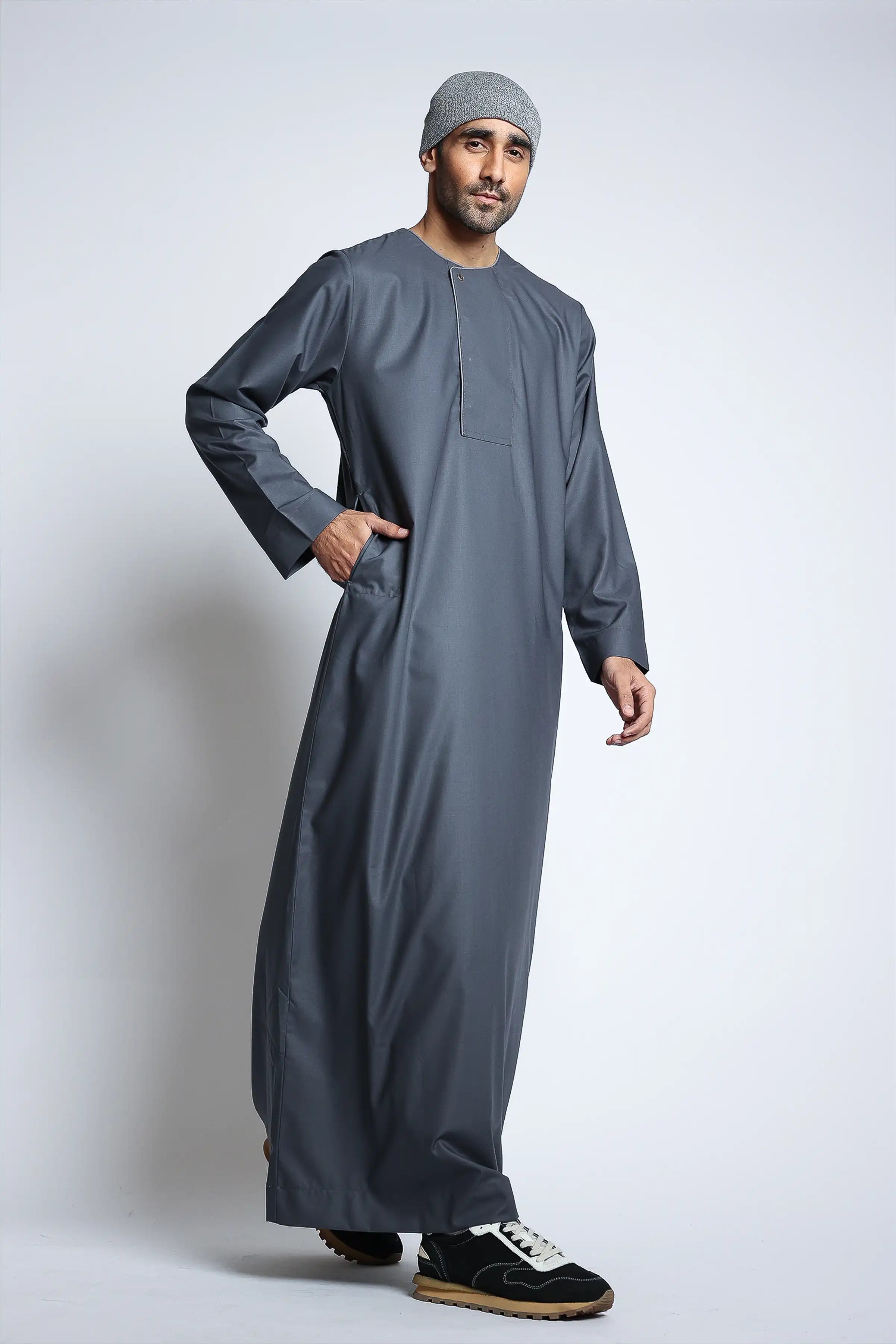 J144 Dusty Grey Piping Thobe - Traditional Islamic Robe for Men | Perfect for Eid, Ramadan & Daily Wear