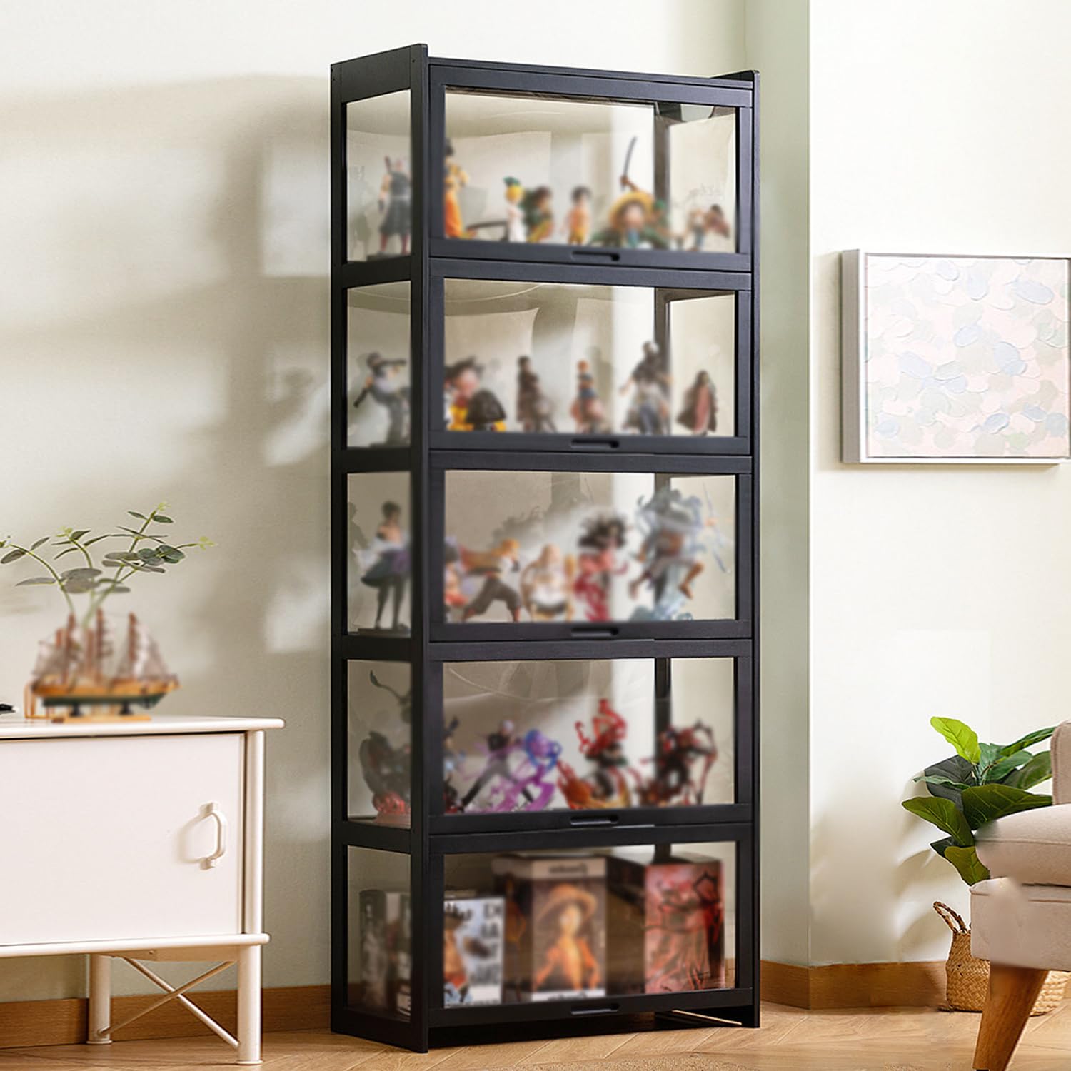 27.56x13.4x67.7in Acrylic Display Cabinet with Flip Door - Bamboo Curio Cabinet & Glass Shelf for Collectibles, Home Decor, Easy Assembly (Black) | Perfect for Living Room, Bedroom, or Office Display