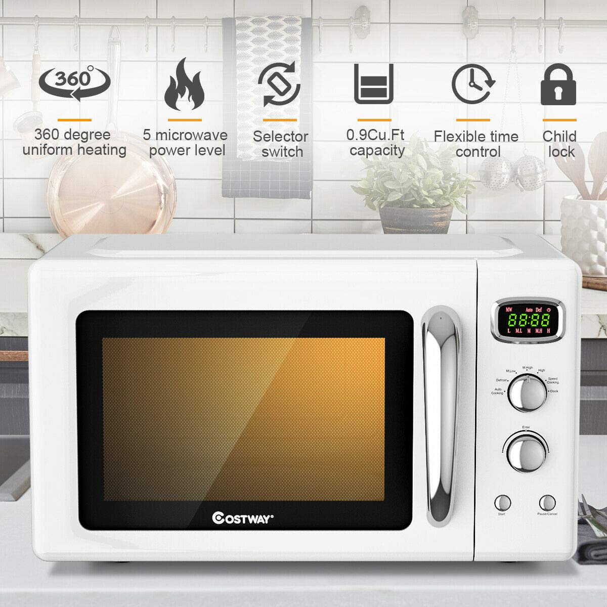 COSTWAY Retro Countertop Microwave Oven - 0.9 Cu.ft 900W Compact Microwave with 5 Power Levels, Defrost & Auto Cook Functions, LED Display, Glass Turntable & Viewing Window, Child Safety Lock (ETL Certified) - Perfect for Small Kitchens, Dorms & Office Break Rooms