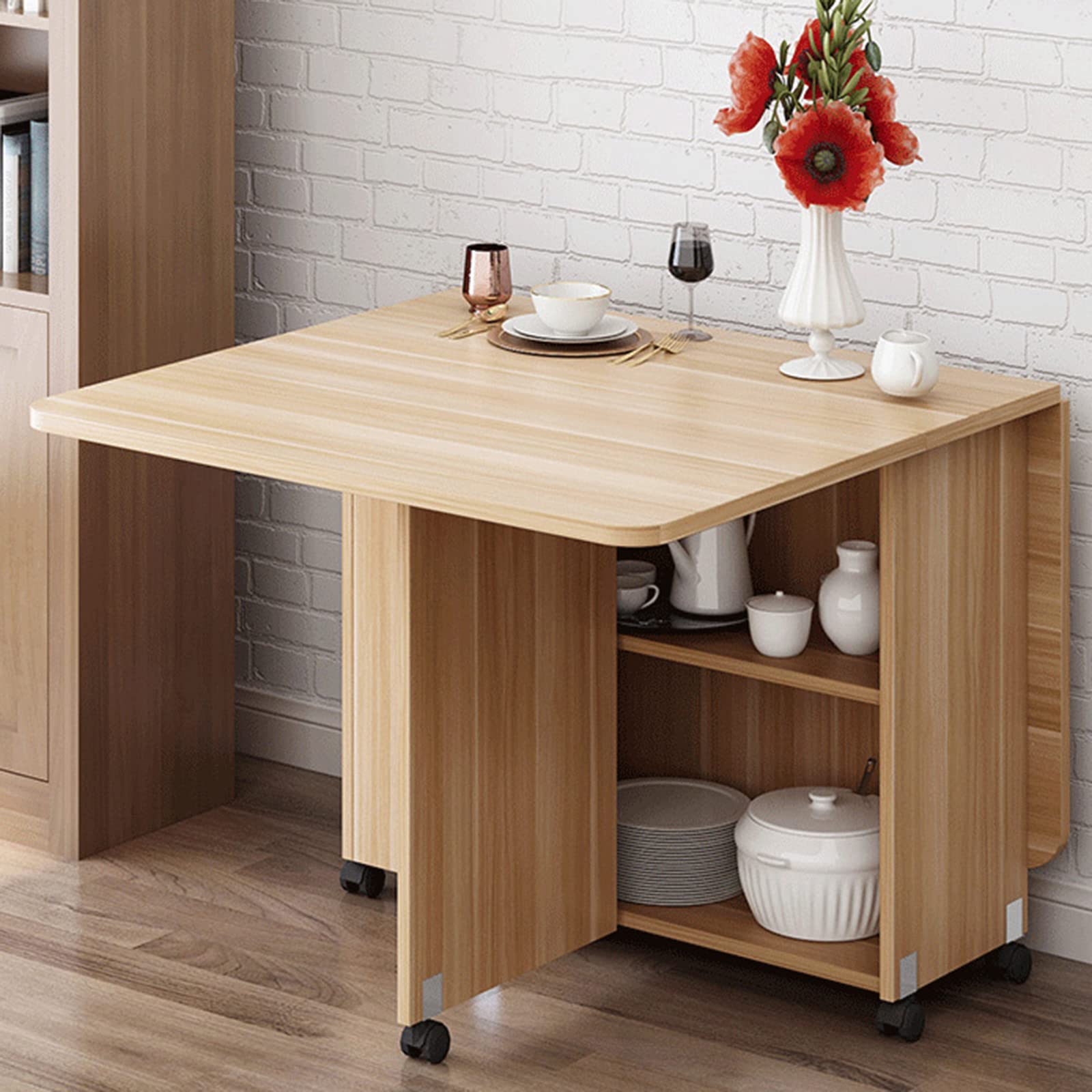 Modern Expandable Folding Dining Table with 2 Storage Racks & Wheels - Space Saving Drop Leaf Kitchen Table for Small Spaces - Perfect for Kitchen, Living Room, Home Office & Studio Apartments (1.4M)