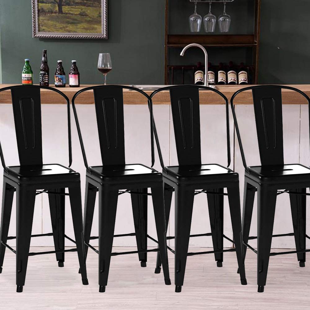4-Pack Metal Bar Stools Set - 30 Inch Counter Height, Industrial Stackable Bar Chairs for Kitchen, Dining Room & Cafe - Black (Perfect for Bistro, Home Bar & Restaurant Use)