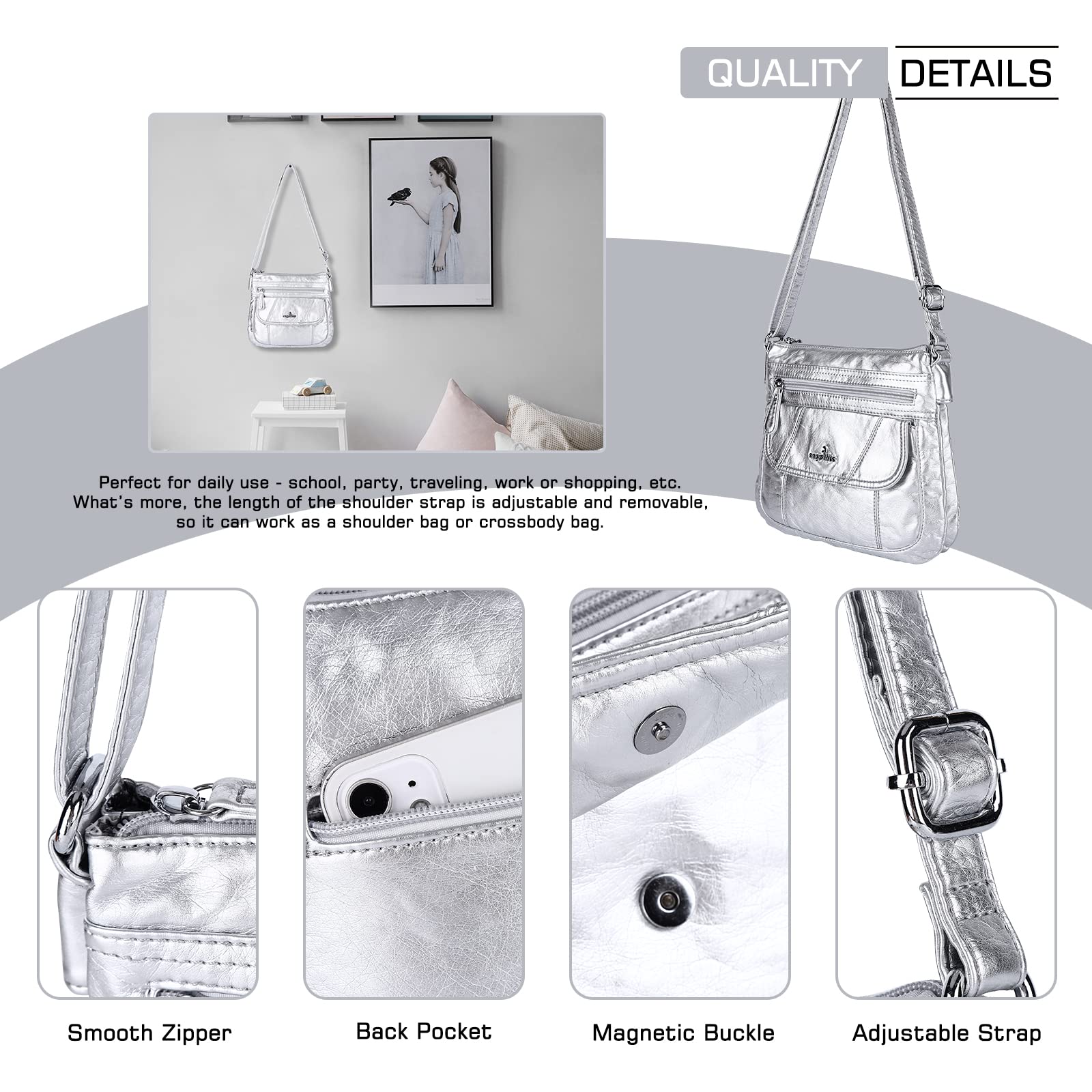 Angel Kiss Women's Crossbody Bag - PU Leather Adjustable Strap Shoulder Purse for Daily Use, Travel & Shopping