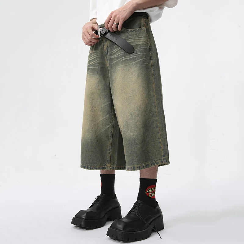 American Style Denim Shorts for Men - High Street Straight Calf-Length Jeans | Summer Fashion Casual Wear | Perfect for Outdoor Activities, Beach Trips & Street Style