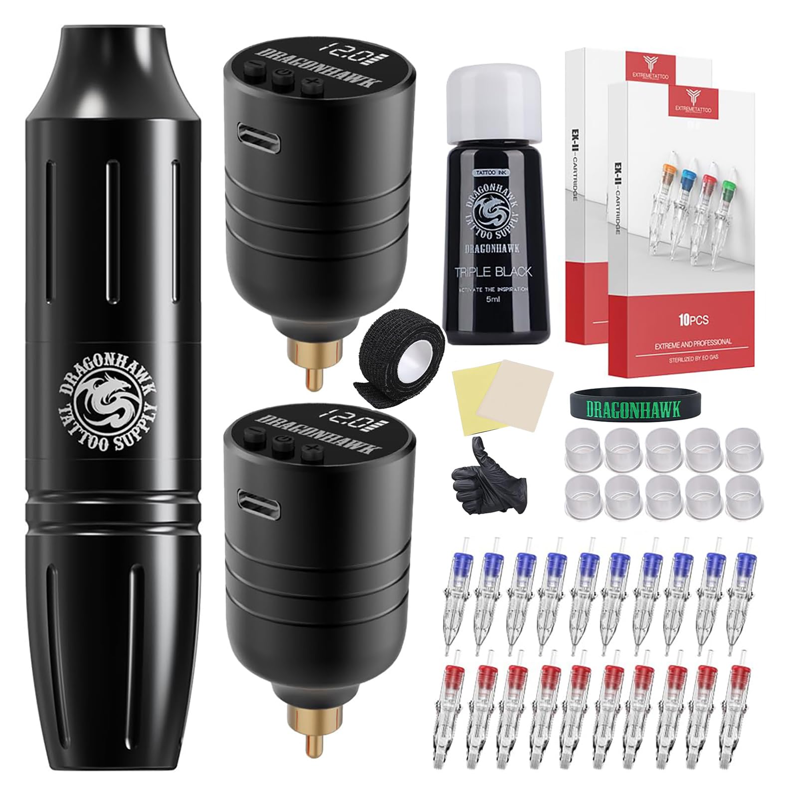 Dragonhawk Wireless Tattoo Kit with 2 Batteries - Professional Cordless Tattoo Machine Pen Set for Beginners - Complete Tattoo Starter Kit with Coreless Motor - Perfect for Home Tattoo Practice & Professional Studio Use