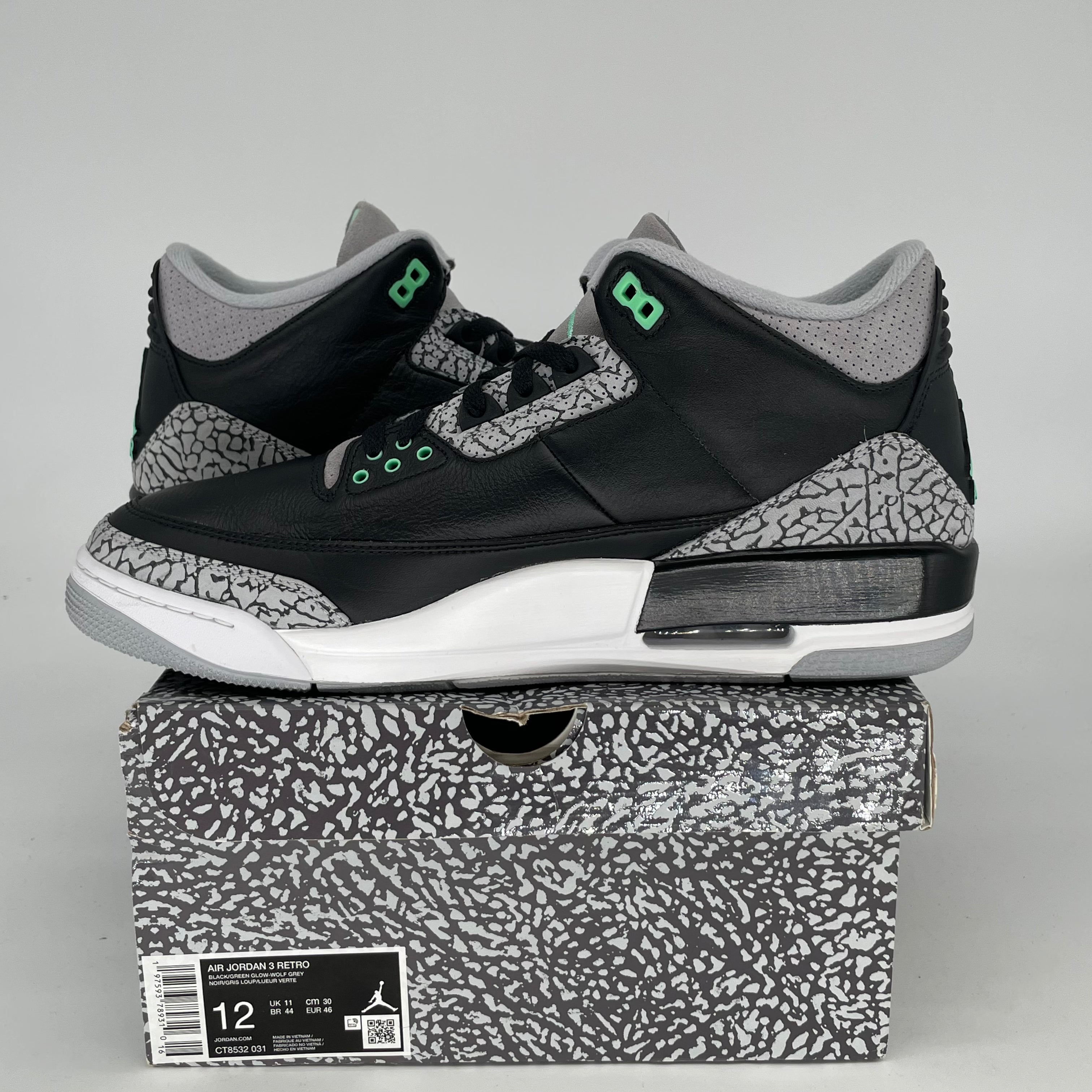 AIR JORDAN 3 Retro Green Glow Men's Basketball Shoes Size 12 - Style CT8532-031 | Perfect for Streetwear & Court Performance