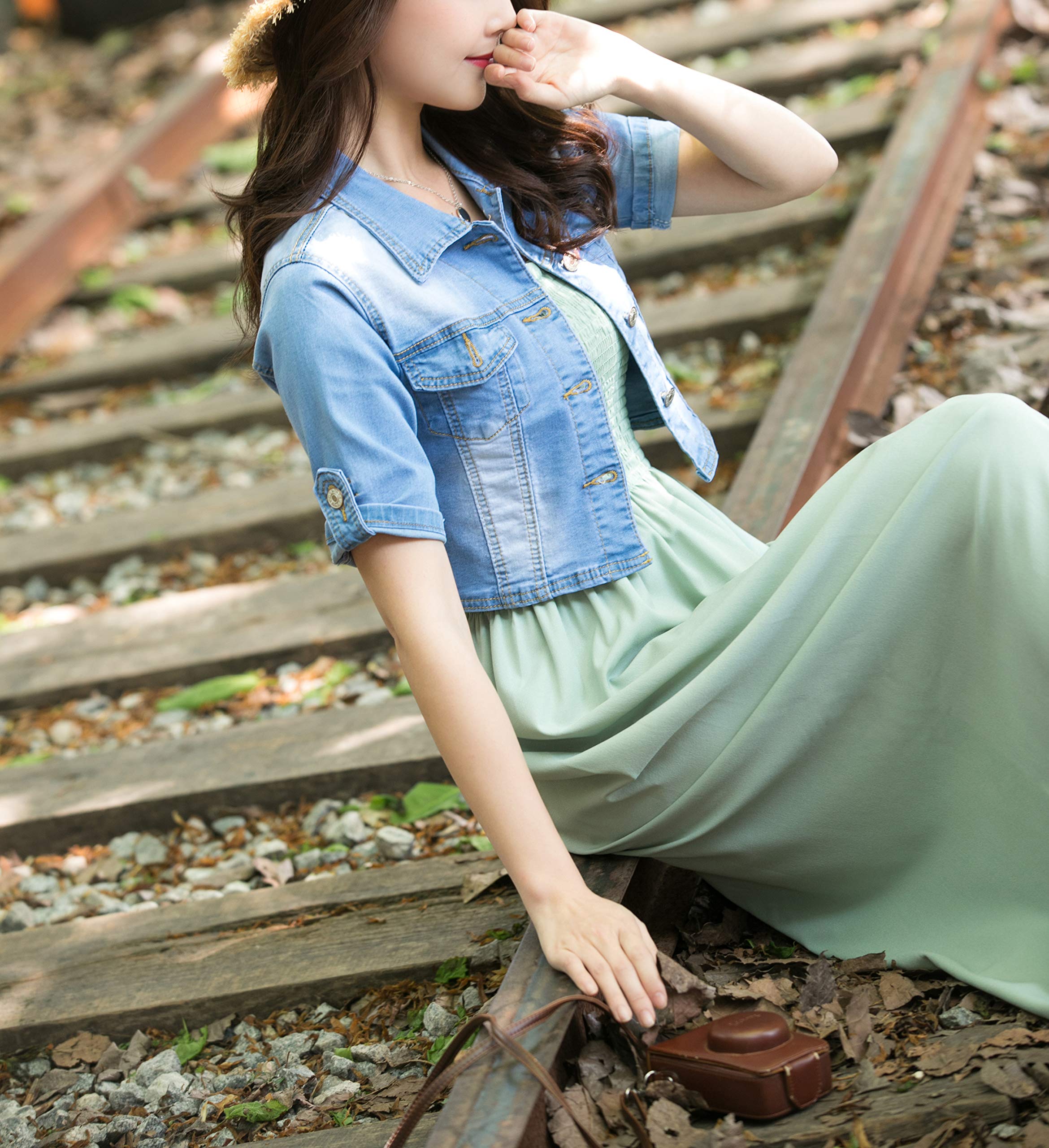 Women's Stretch Denim Jacket - Short Sleeve Button Down Jean Jacket with Shawl Collar | Casual Outfit Essential for Spring & Summer Fashion