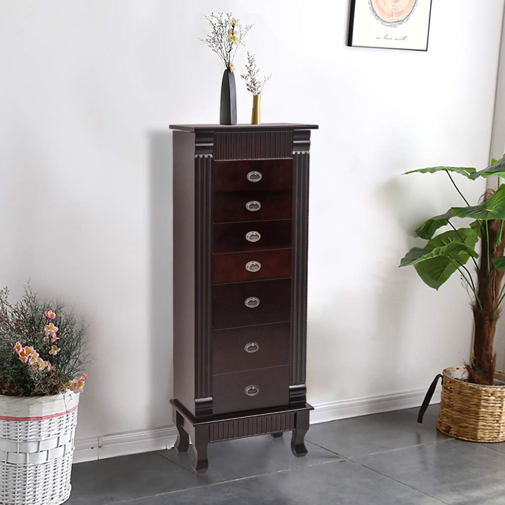 Karl Home Large Standing Jewelry Armoire Cabinet with 7 Drawers & 2 Doors - Wooden Jewelry Organizer with 16 Hooks & Flip Top Mirror, Dark Brown - Perfect for Bedroom, Closet & Dressing Room Organization