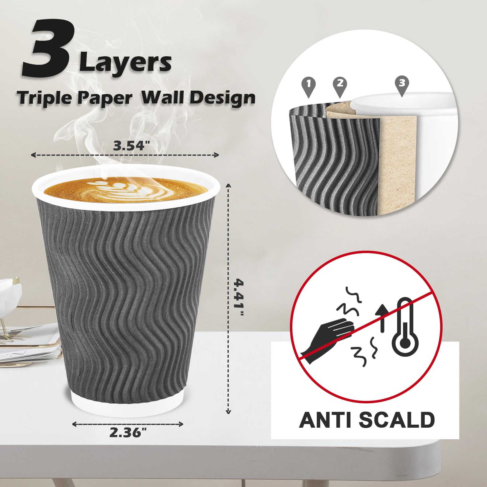 Lamosi 12 oz Insulated Disposable Coffee Cups - 50 Pack Grey Paper Cups, Corrugated Ripple Wall Design for Hot & Cold Drinks, Perfect for Office, Cafes, and Catering Events
