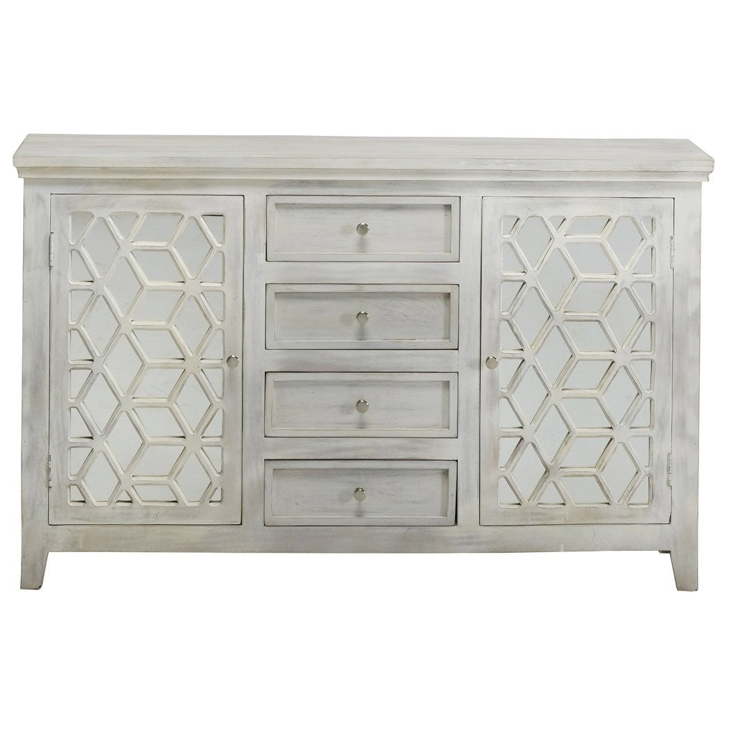 French Arched Hand Carved White Mirrored Sideboard with 4 Drawers & 2 Doors - Elegant Entryway Console & Dining Room Buffet for Home Decor