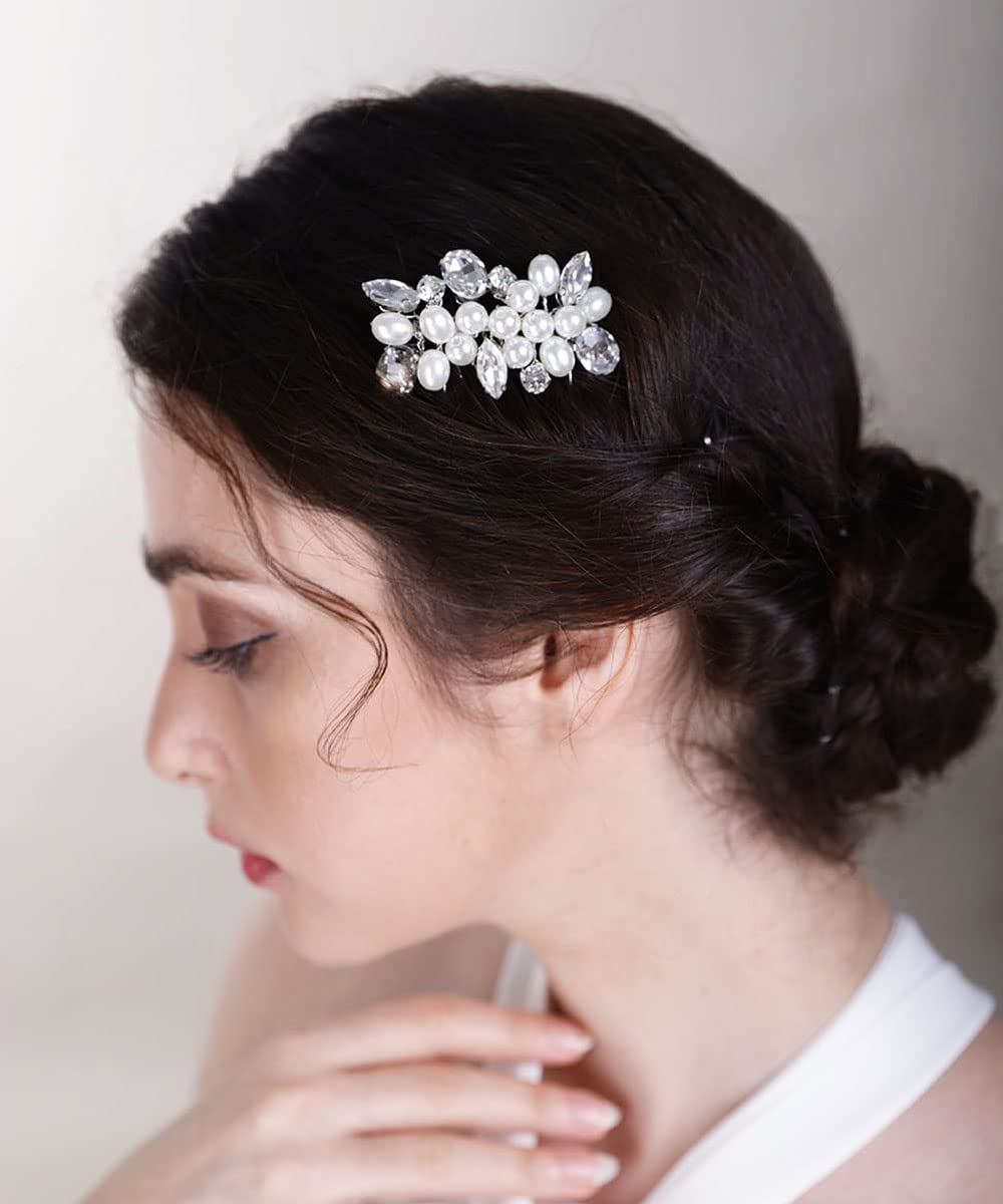 Chargances Blue Rhinestone Pearl Wedding Hair Comb – Handmade Bridal Hair Accessory for Bride & Bridesmaids, Crystal Side Comb for Women & Girls, Prom & Special Occasions