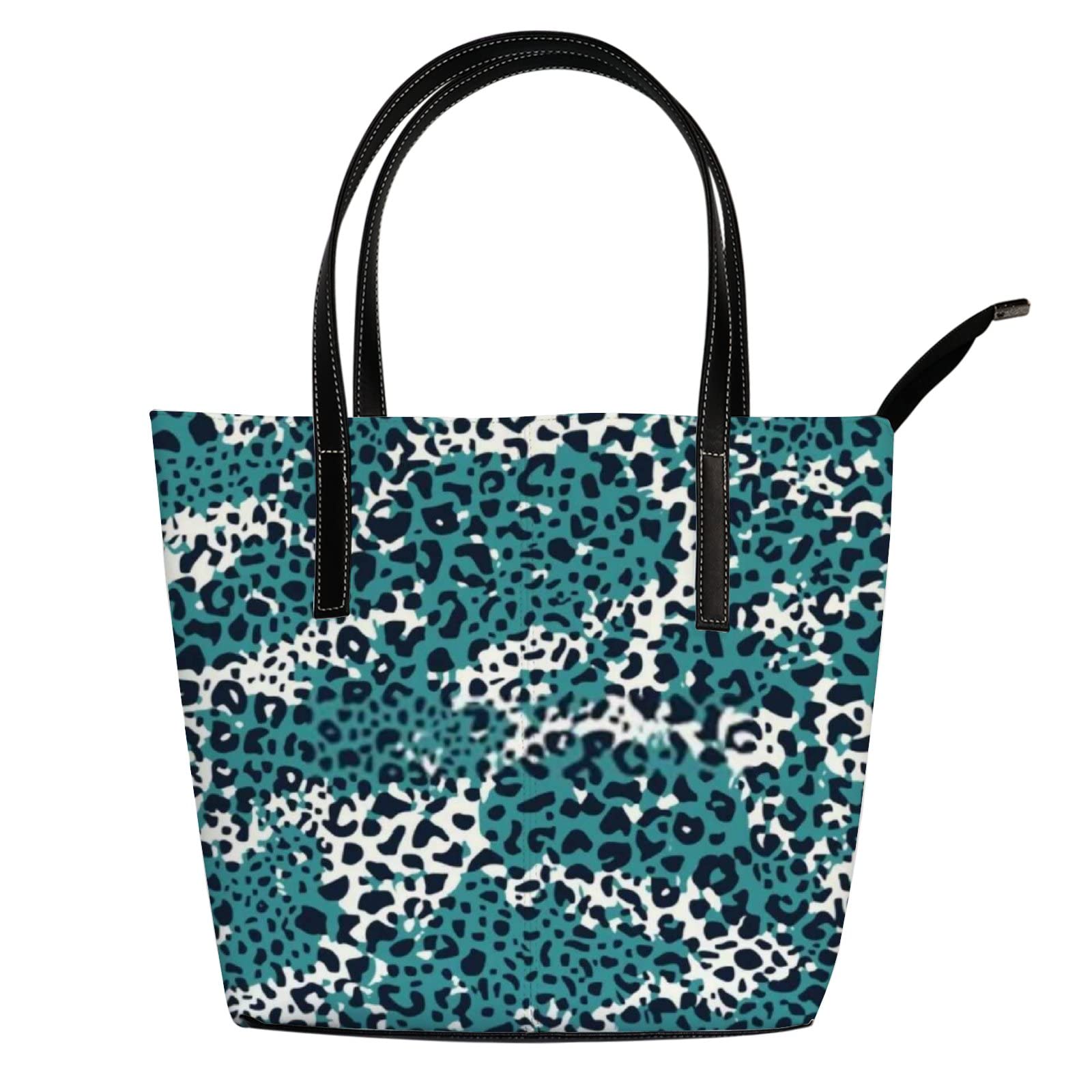 Vintage Abstract Green & Black Leopard Print Leather Tote Bag for Women - Stylish Crossbody Work Handbag with Zipper | Perfect for Office, Travel & Daily Use