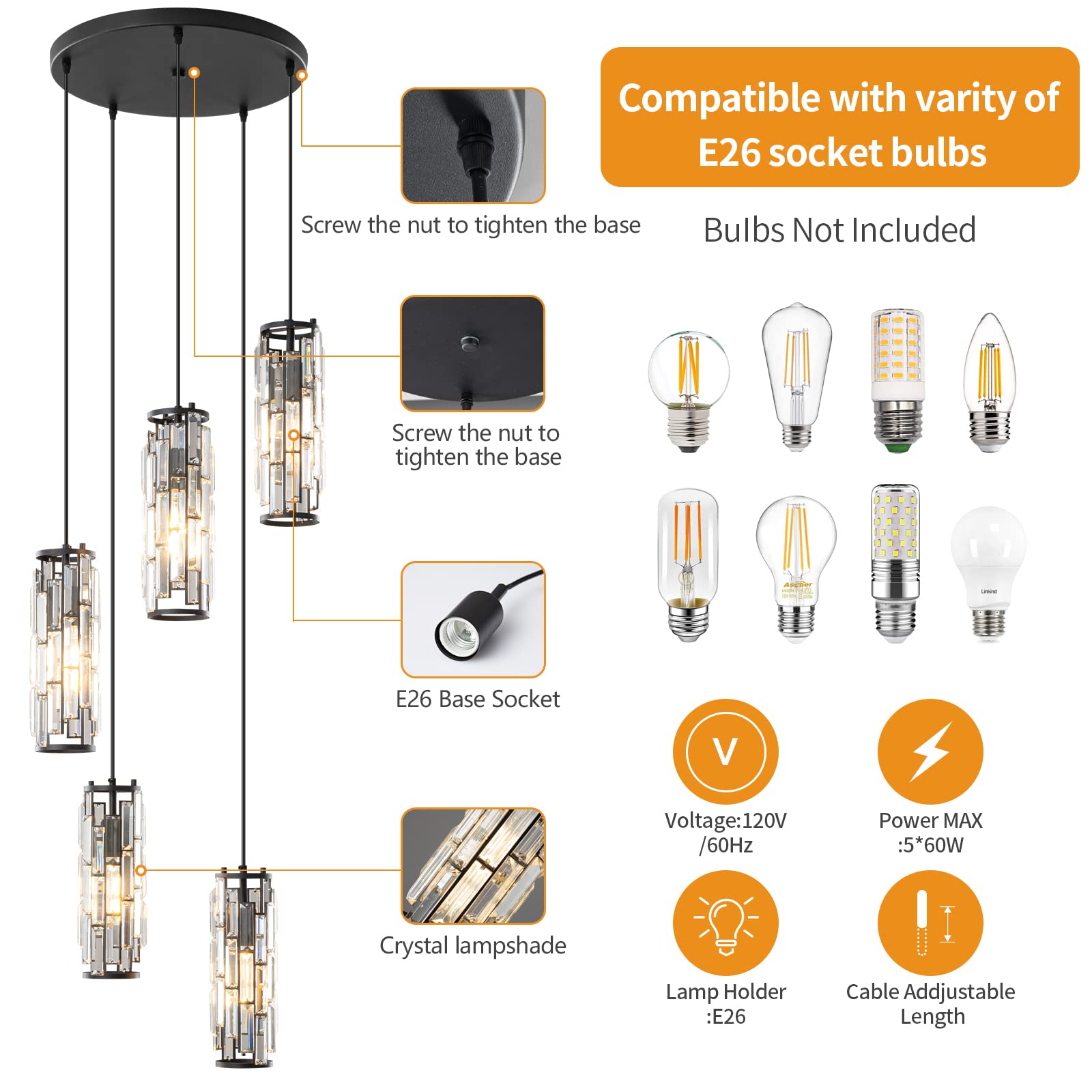 LMQNINE Modern Black Pendant Light Fixture - Adjustable 5-Light Mini Crystal Chandelier for Kitchen Island, Dining Room, Bedroom - Elegant Ceiling Lighting for Home Decor & Interior Design (Black 5-Light)