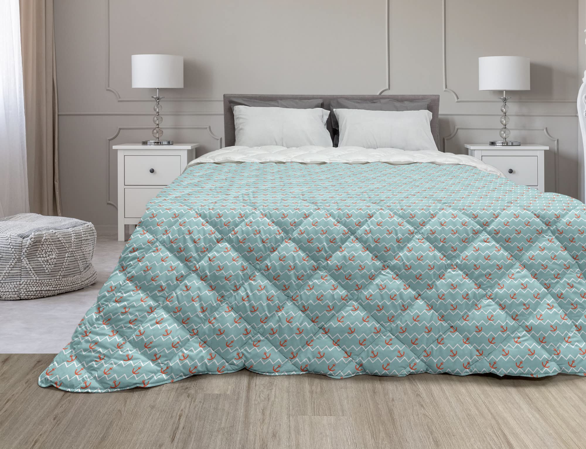 Ambesonne Nautical Down Alternative Comforter - Full Size Pale Blue Red & White Anchor Design, All-Season Microfiber Quilt for Bedroom Decor | Perfect for Coastal, Beach House or Nautical Theme Bedrooms